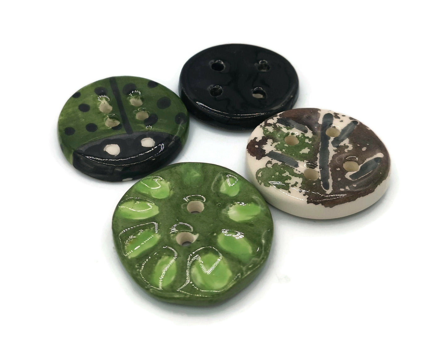 4Pcs Large Green Ceramic Buttons Hand Painted, Decorative Flat Sewing Buttons, Handmade Clay Buttons Round Shape 4 Holes, Best Sellers - Ceramica Ana Rafael