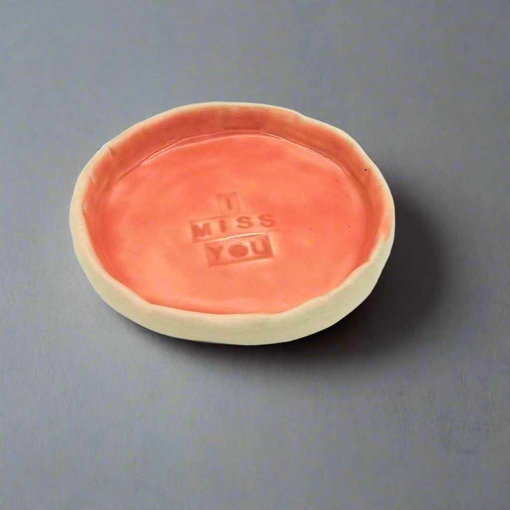 Handmade Stoneware Small Pink Ceramic Dish | 9cm "I Miss You" Bowl | Thoughtful Gift for Loved Ones