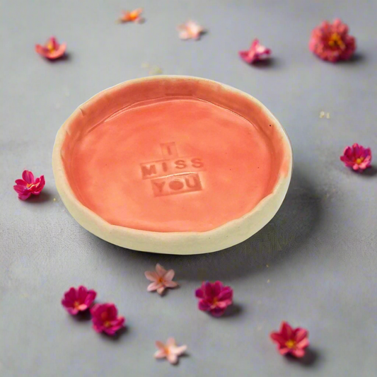 Handmade Stoneware Small Pink Ceramic Dish | 9cm "I Miss You" Bowl | Thoughtful Gift for Loved Ones