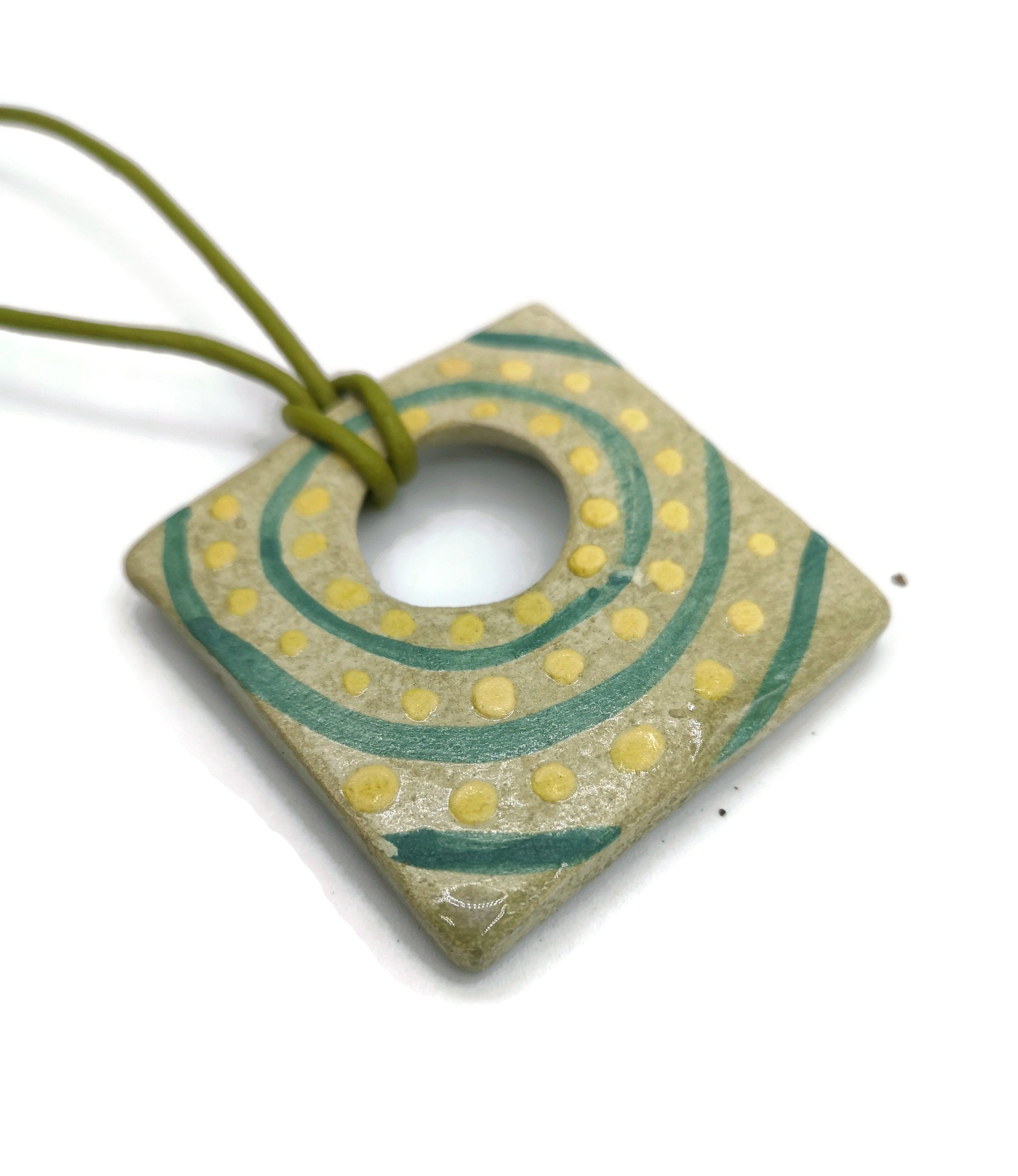 Unique Extra Large Square Necklace Pendant For Statement Jewelry Making, Aesthetic Handmade Ceramic Charm Hand Painted Green And Yellow Clay - Ceramica Ana Rafael