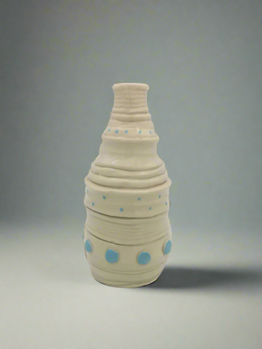 Irregular Handmade Ceramic Vase – Textured Stoneware Bottle, Sculptural Home Decor, Rustic Beige with Blue Accents