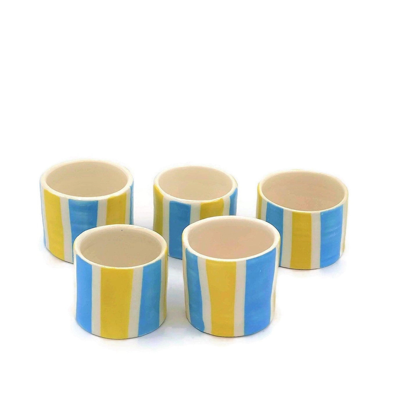 1Pc Handmade Ceramic Espresso Cup, Best Coffee Lovers Gifts For Him, Small Pottery Mug, Striped Blue And Yellow Shot Glass For Men - Ceramica Ana Rafael