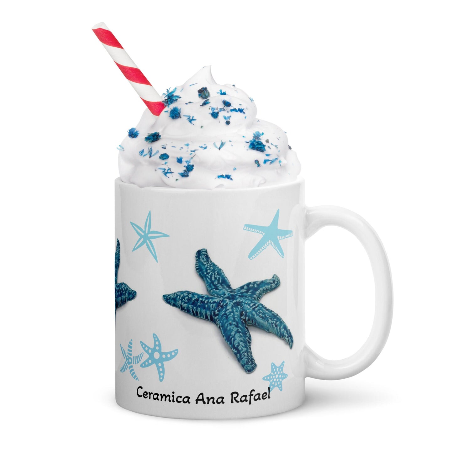 Taza de cerámica hecha a mano azul con decoración de estrella de mar, taza de café grande de 11 oz, los mejores regalos de cumpleaños tropicales para los amantes del mar