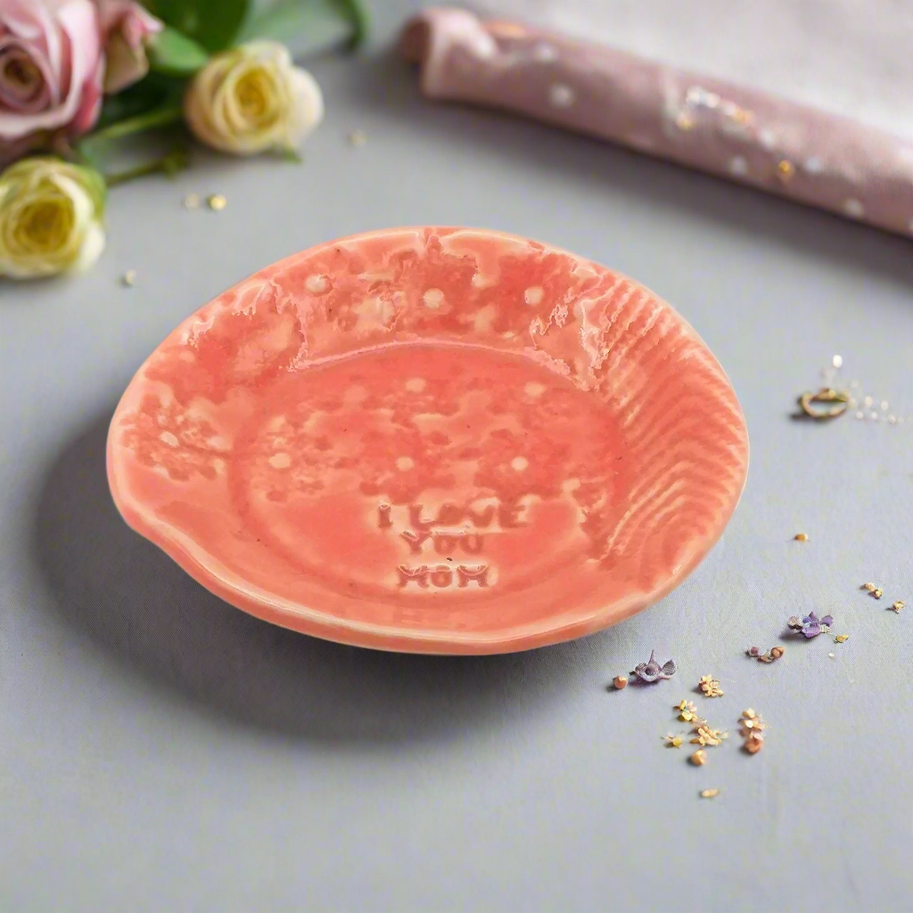 Pink Round Ceramic Ring Holder Dish - "I Love You Mom"