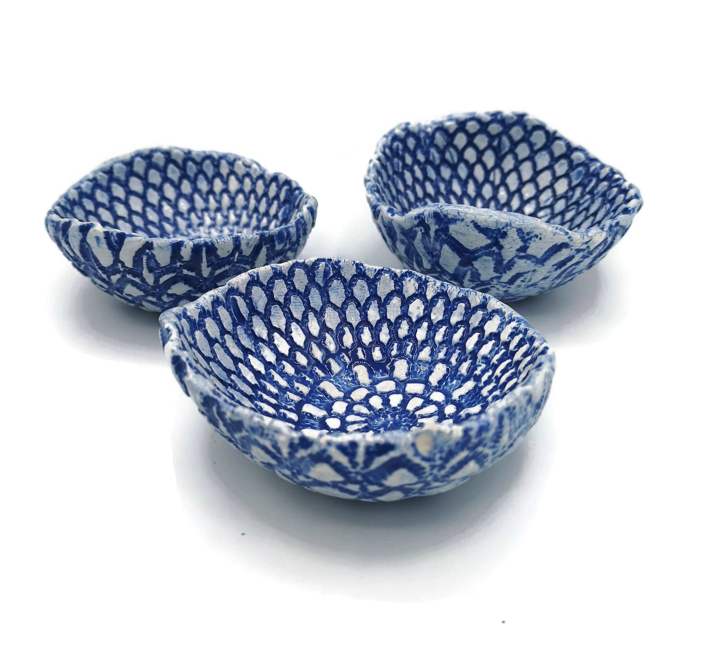 3Pc Handmade Ceramic Lace Texture Blue Trinket Bowl, Clay Ring Dish Bridal Shower Favors, Mothers Day Gift From Daughter Best Seller - Ceramica Ana Rafael