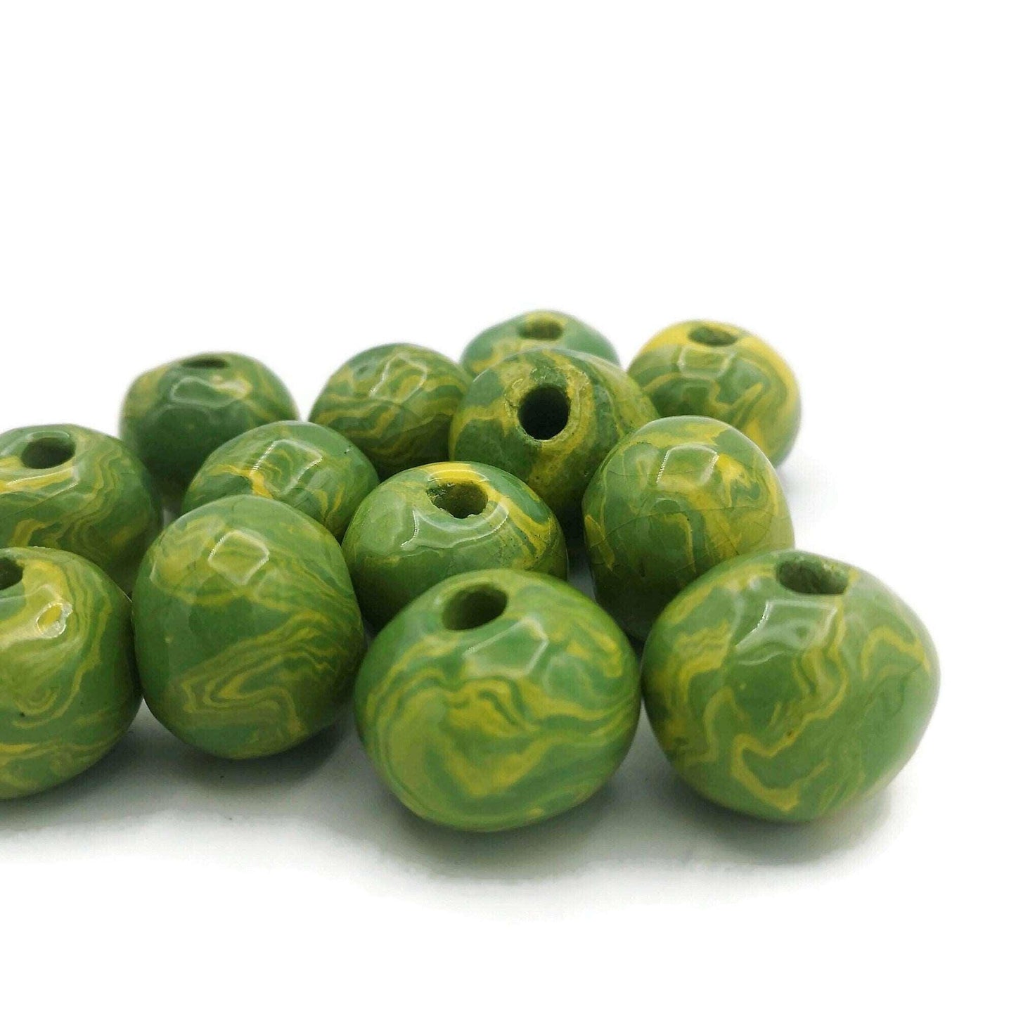 1Pc Handmade Ceramic Macrame Beads 7mm Large Hole, Marbled Green And Yellow Clay Beads, Extra Large Beads 30mm