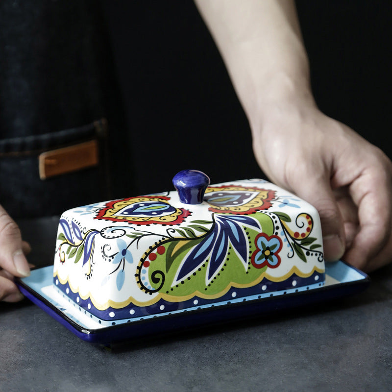 Handpainted Ceramic Butter Dish with Floral Motifs – Elegant Kitchen Accessory