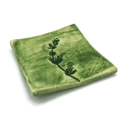 1Pc Clay Ring Dish, Plant Lovers Birthday Gifts, square ceramic trinket dish, 9th-anniversary gift, Sage Flower or Rosemary Leaves Design - Ceramica Ana Rafael