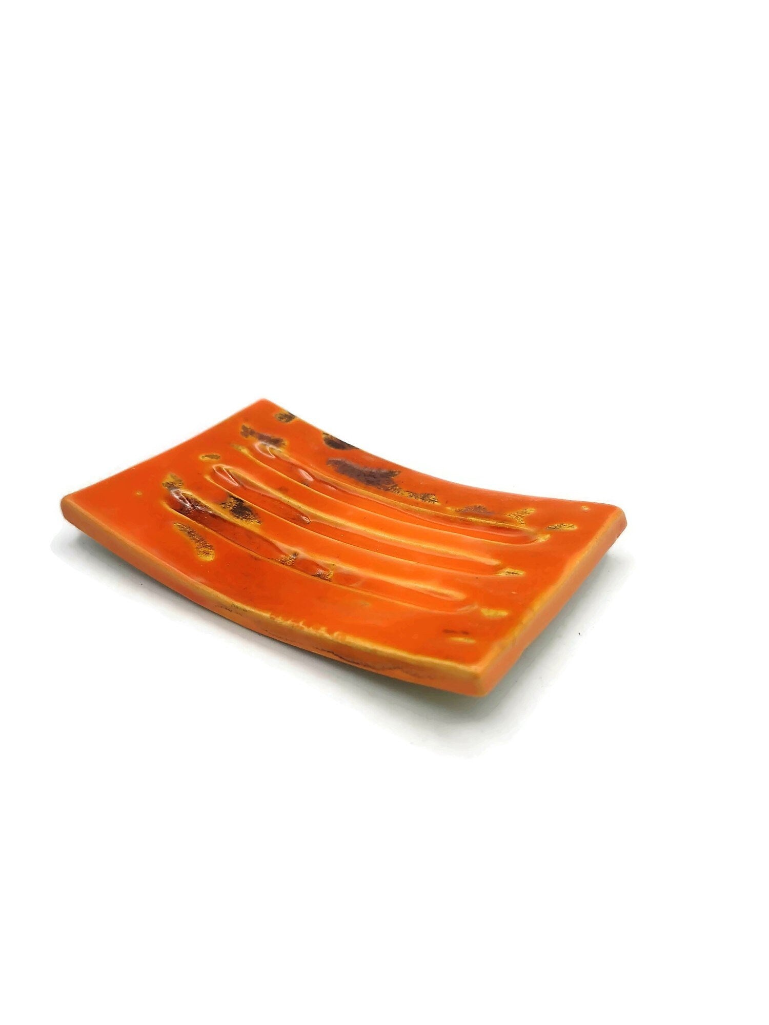 Handmade Ceramic Soap Dish Tray, Rectangle Drain Soap Saver, Artisan Sustainable Soap Bar Holder Orange w/ Copper Tones Bathroom Accessories - Ceramica Ana Rafael