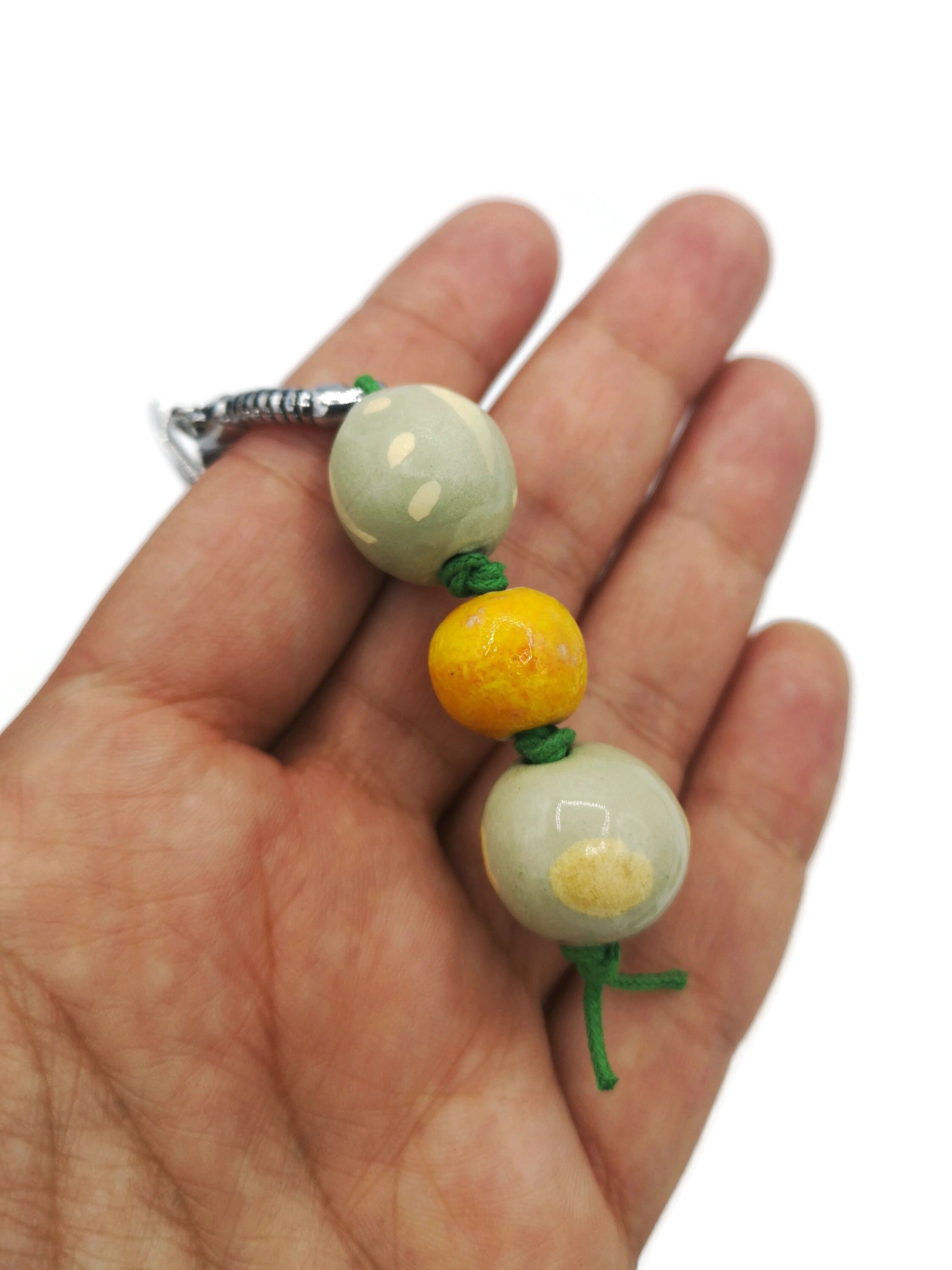 Handmade Ceramic Beaded Keychain For Women, Green And Yellow Unique Accessories For Her, Stocking Stuffers Ideas For Adults, Best Sellers - Ceramica Ana Rafael
