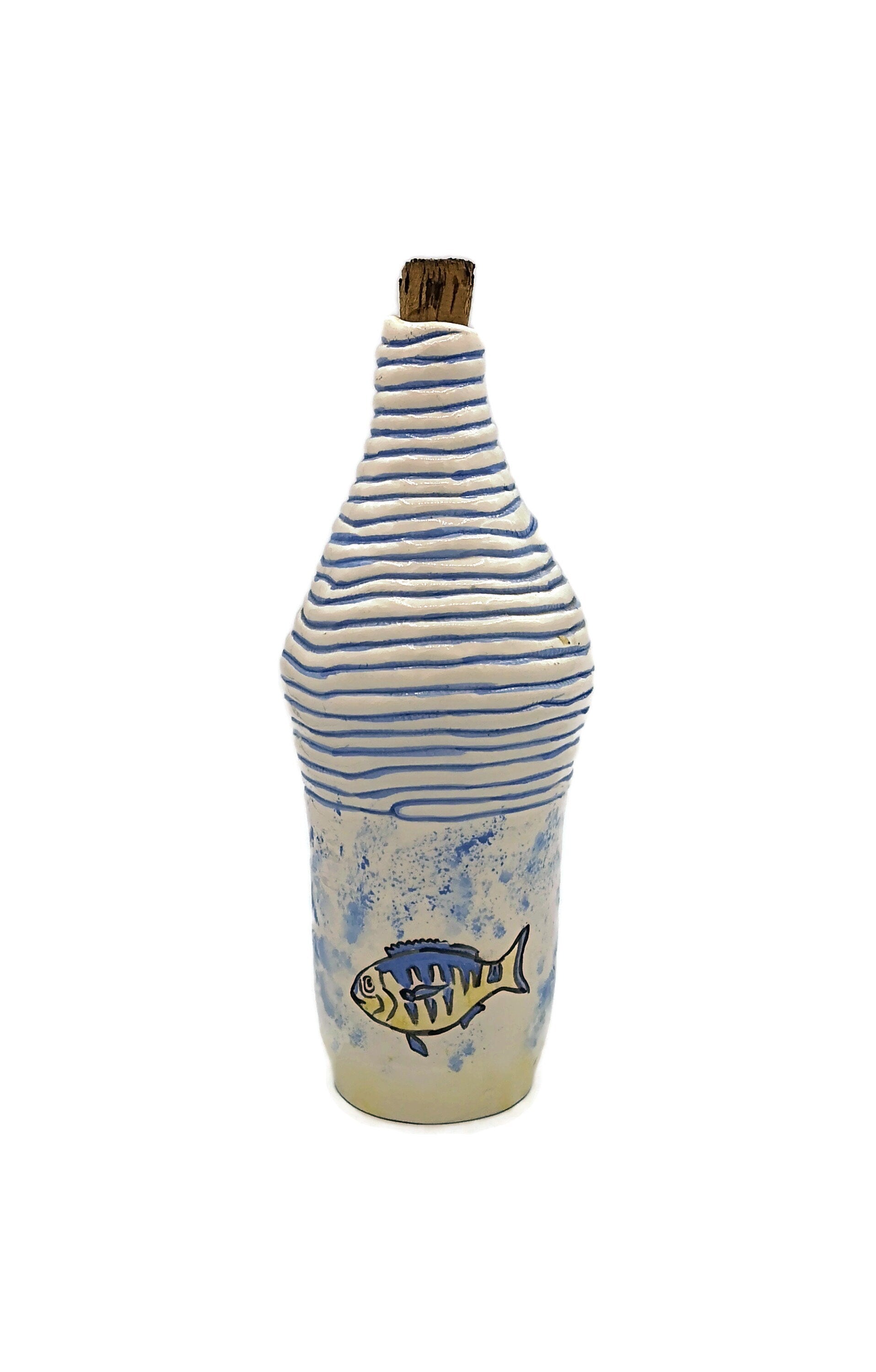 Decorative Bottles With Cork Stopper, Handmade Ceramic Vase With Handpainted Fish, Best Gifts For Him, Housewarming Gift First Home - Ceramica Ana Rafael