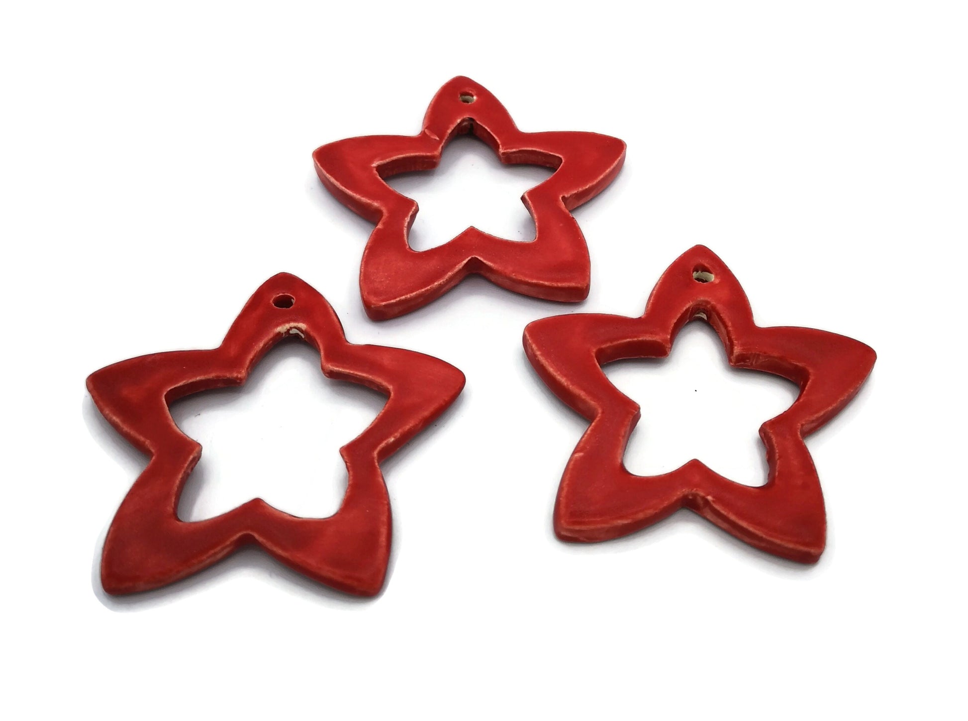 3Pc Handmade Ceramic Red Star, Hollow Star Ornaments for Christmas Tree Or Wall Decor, Clay Ornaments, Both Sides Glazed - Ceramica Ana Rafael