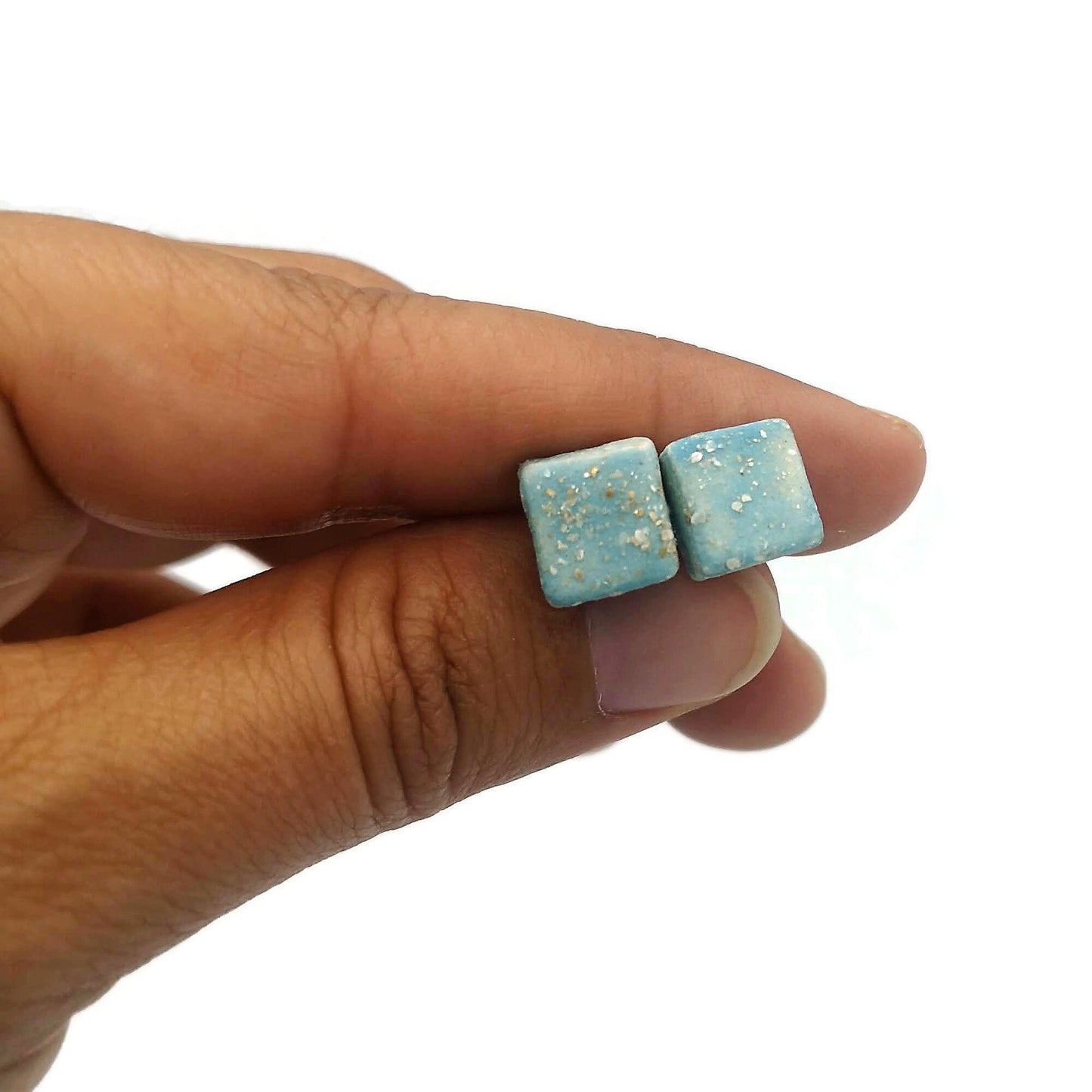 Sparkly Blue Square Ceramic Stud Earrings For Women, Handmade Jewelry Gifts For Her, Aesthetic Clay Stud Earrings, Novelty Dainty Earrings - Ceramica Ana Rafael