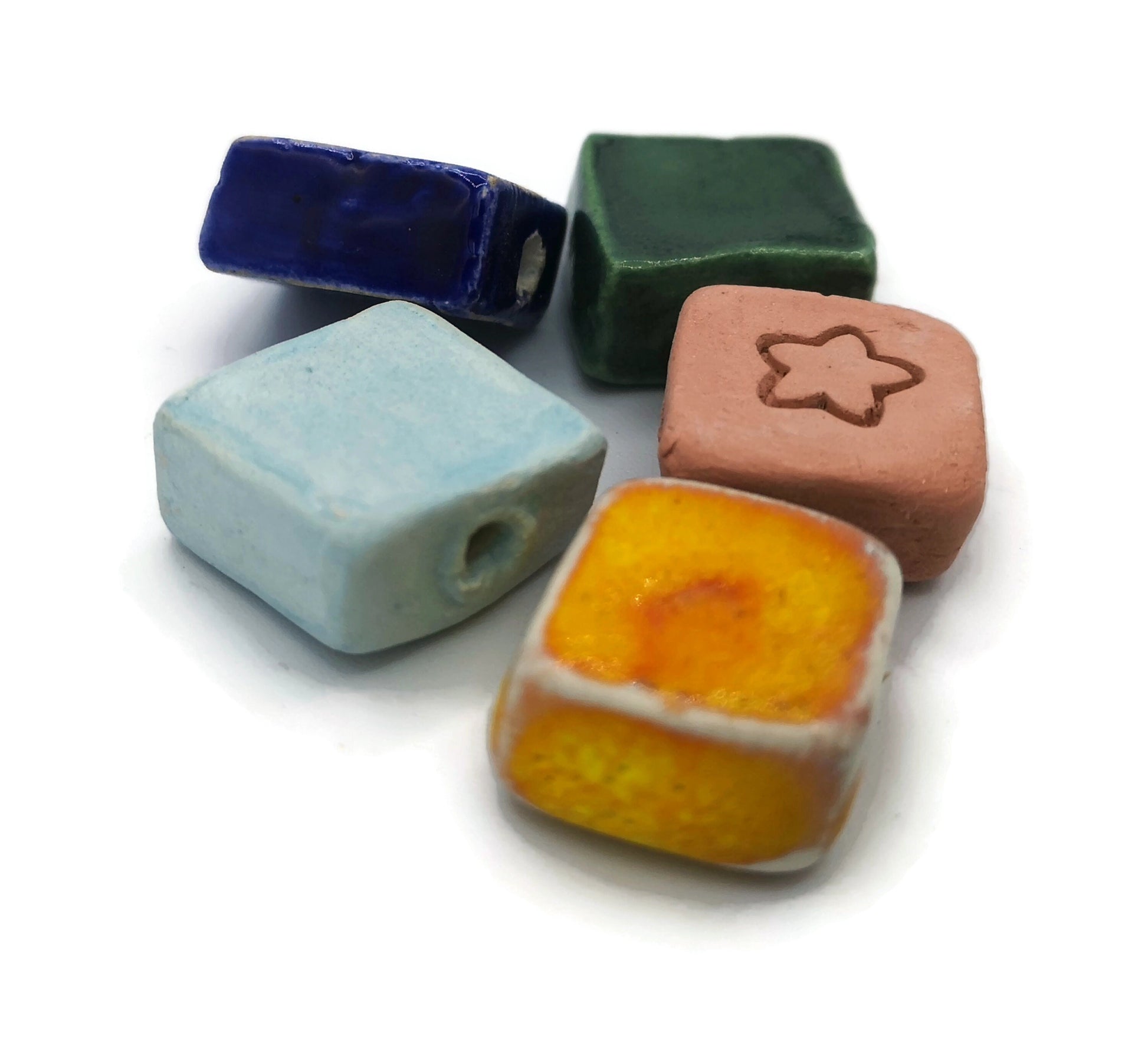 Handmade Ceramic Beads For Jewelry Making, Set Of 5 Assorted Clay Beads, Pendant Necklace Best Sellers, Unique Square beads, Large Porcelain - Ceramica Ana Rafael