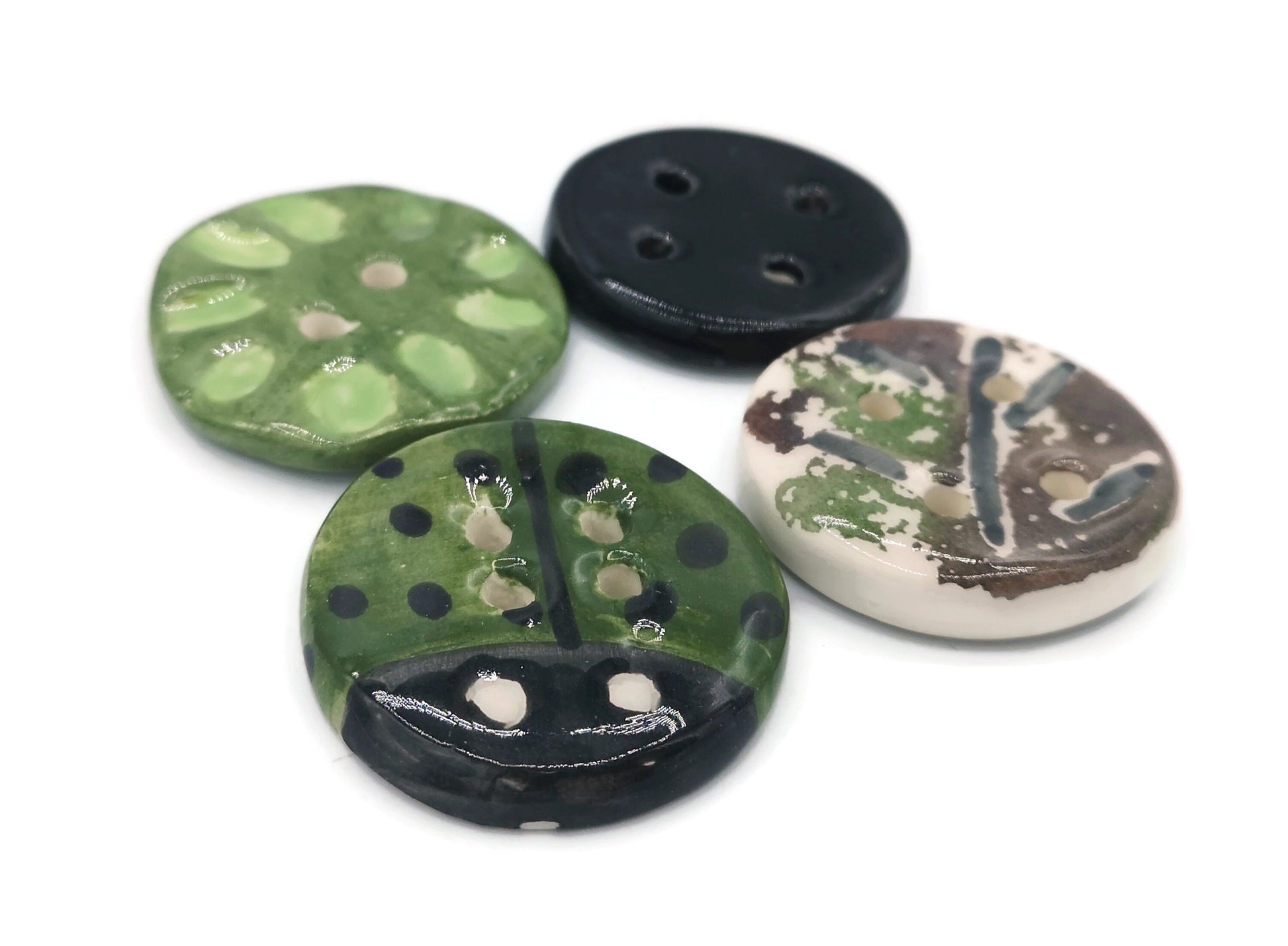 4Pcs Large Green Ceramic Buttons Hand Painted, Decorative Flat Sewing Buttons, Handmade Clay Buttons Round Shape 4 Holes, Best Sellers - Ceramica Ana Rafael