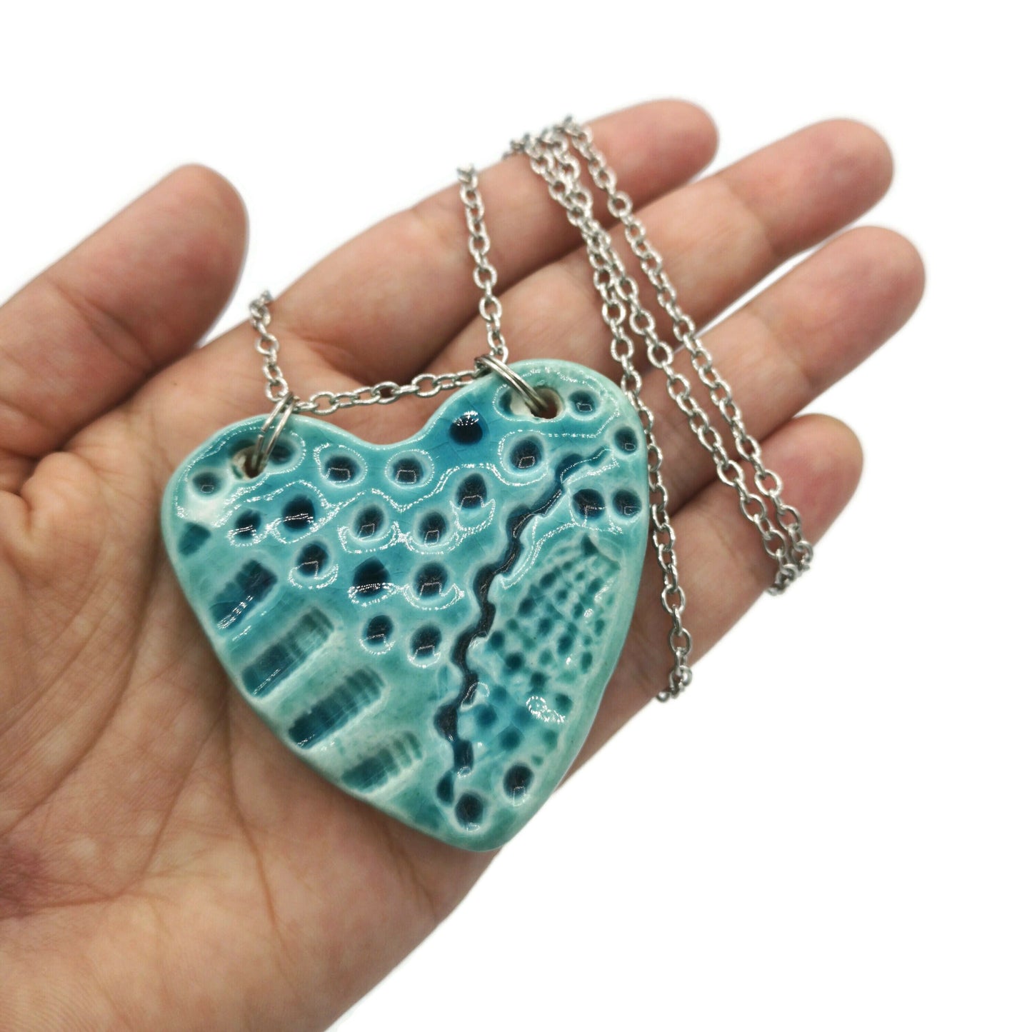 Handmade Ceramic Blue Heart Necklace Pendant For Women, Best Valentines Day Gift For Her, Boho Artisan Statement Jewelry For Wedding - Ceramica Ana Rafael