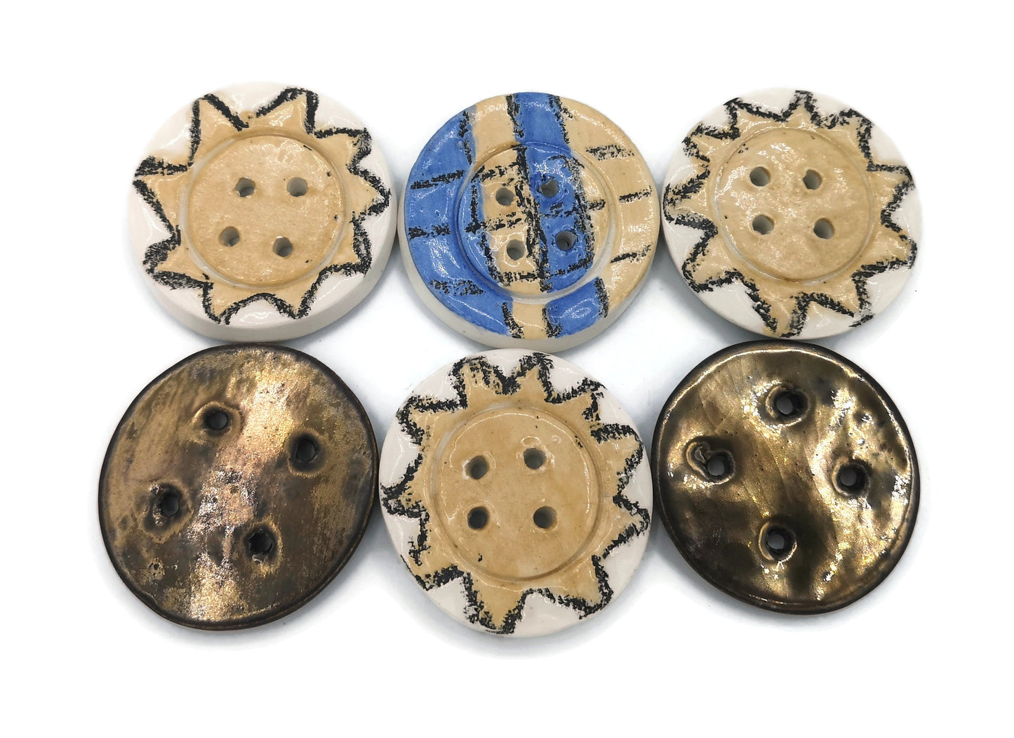 Set Of 6 Hand Painted Flat Buttons, Sun Buttons Sewing Supplies And Notions, Handmade Ceramic Strange And Unusual Metal Buttons - Ceramica Ana Rafael