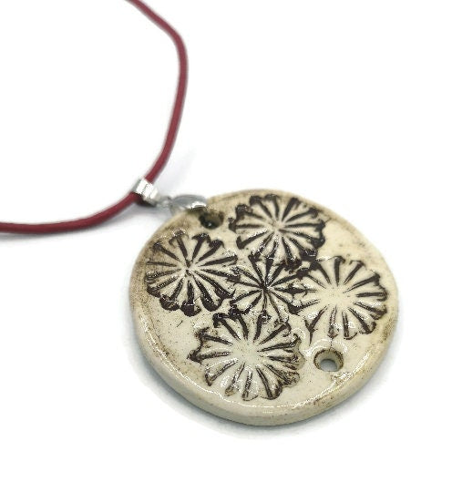 LARGE CIRCLE PENDANT For Necklace With Imprinted Poppy Design, Handcrafted Ceramic Components For Unique Jewelry Making - Ceramica Ana Rafael