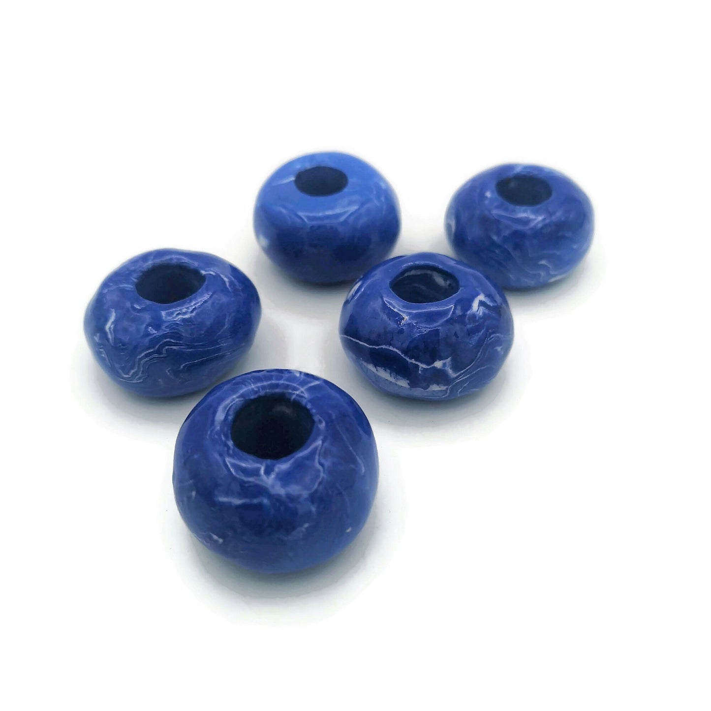 5Pc Large Ceramic Beads For Macrame and Statement Jewelry Making, Marbled White and Blue Clay Beads With Large Holes - Ceramica Ana Rafael