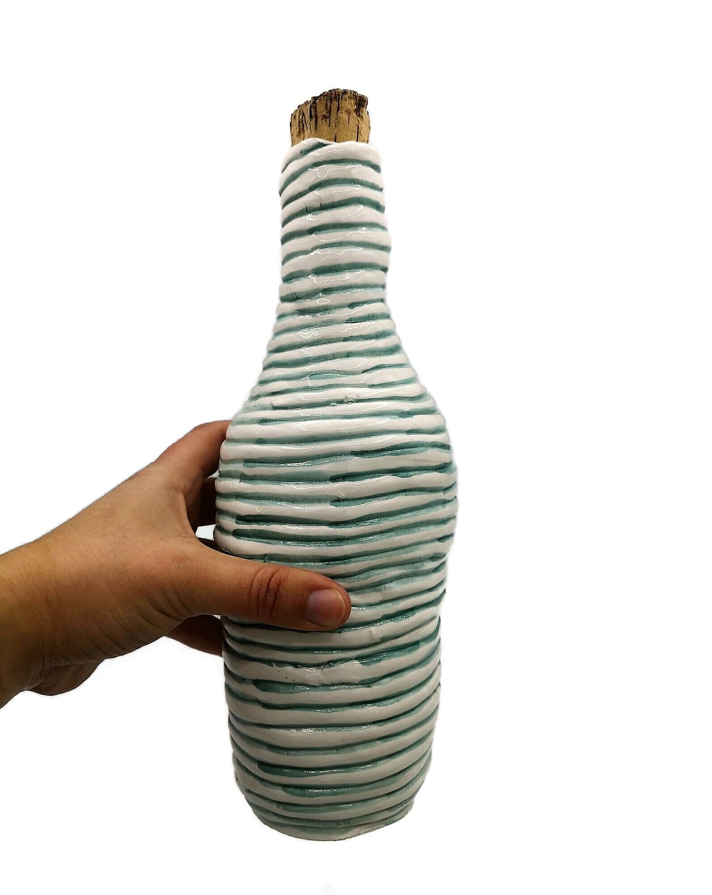 Handmade Ceramic Decorative Bottle With Natural Cork Stopper, White And Green Artisan Portuguese Pottery For Home Decor Unique Textured Vase - Ceramica Ana Rafael