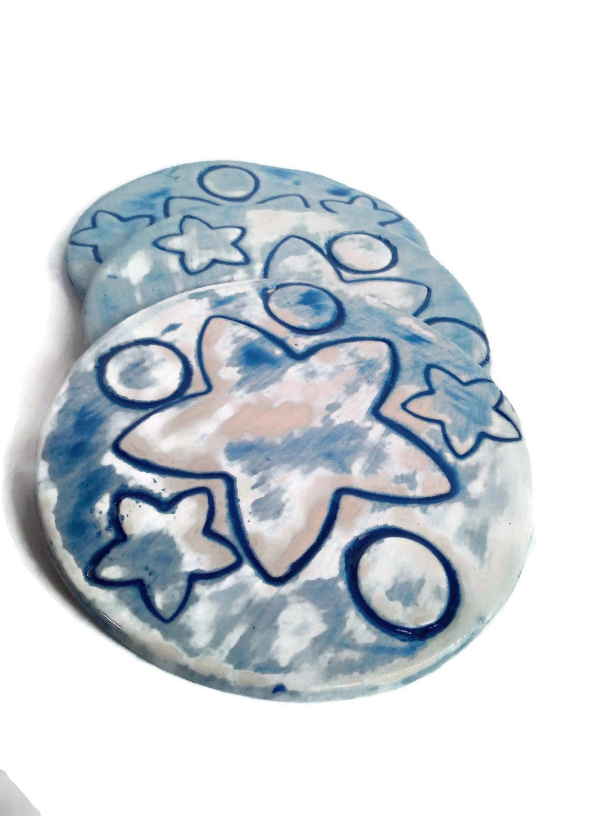 3Pc Blue Handmade Ceramic Coaster Tiles With Stars Design For Office Desk, Modern Celestial Style Coasters With Cork Back - Ceramica Ana Rafael