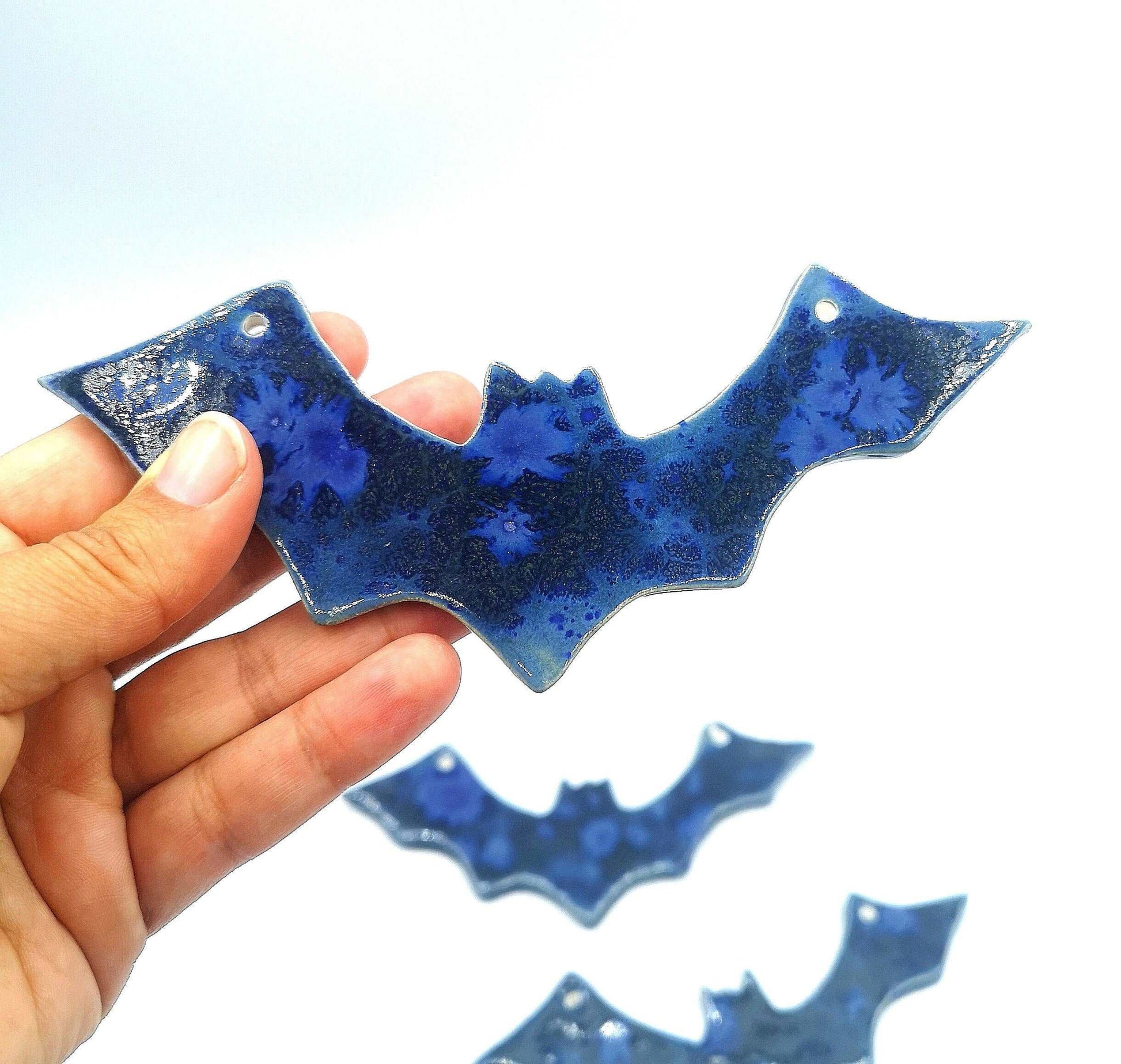 3Pc 6in Handmade Ceramic Bat Ornament For Wall Decor, Halloween Decoration Gift For Women, Blue Clay Gothic Ornament, Necklace Pendant - Ceramica Ana Rafael