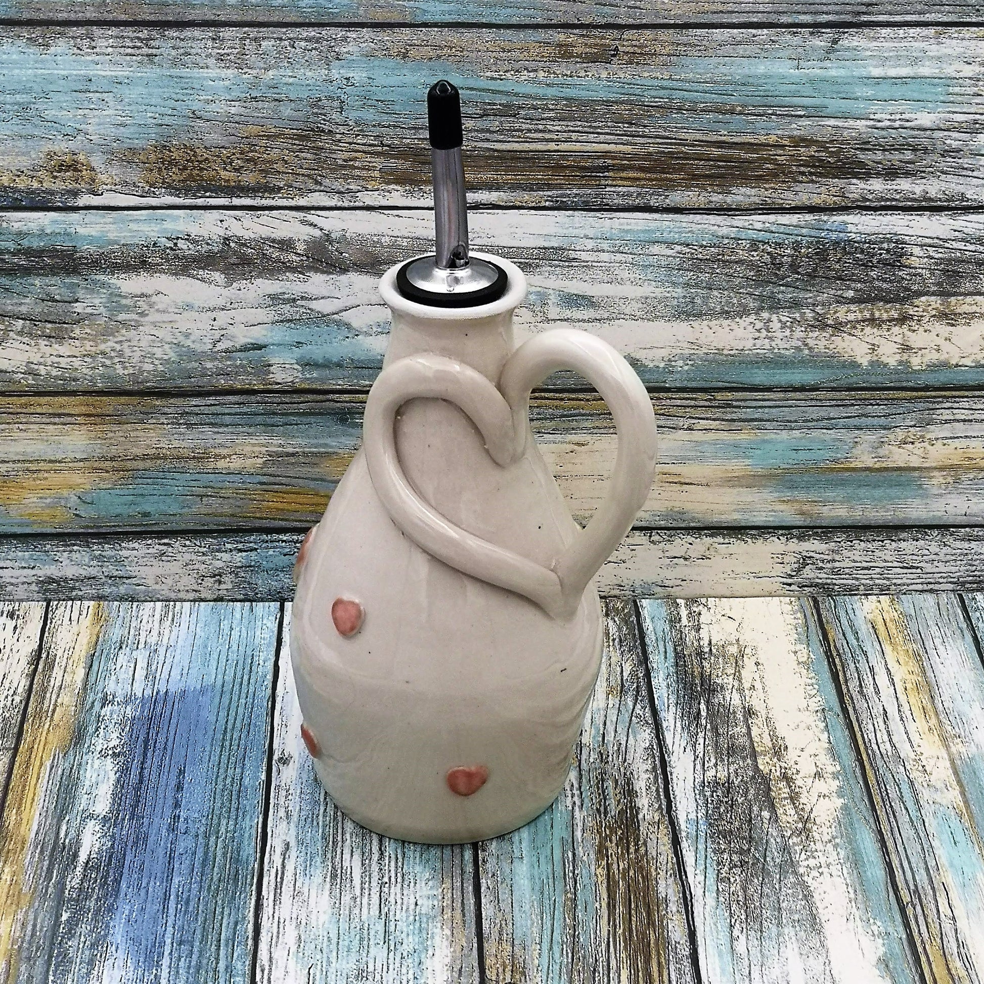 Handmade Ceramic Beige With Pink Hearts Olive Oil Dispenser, Stoneware Pottery Olive Oil Cruet, Decorative Bottles, Mothers Day Cooking Gift - Ceramica Ana Rafael