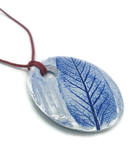 Extra Large Necklace Pendant For Statement Jewelry Making, Blue Handmade Ceramic Leaf Design Charm For Women, Unique Clay Charms - Ceramica Ana Rafael