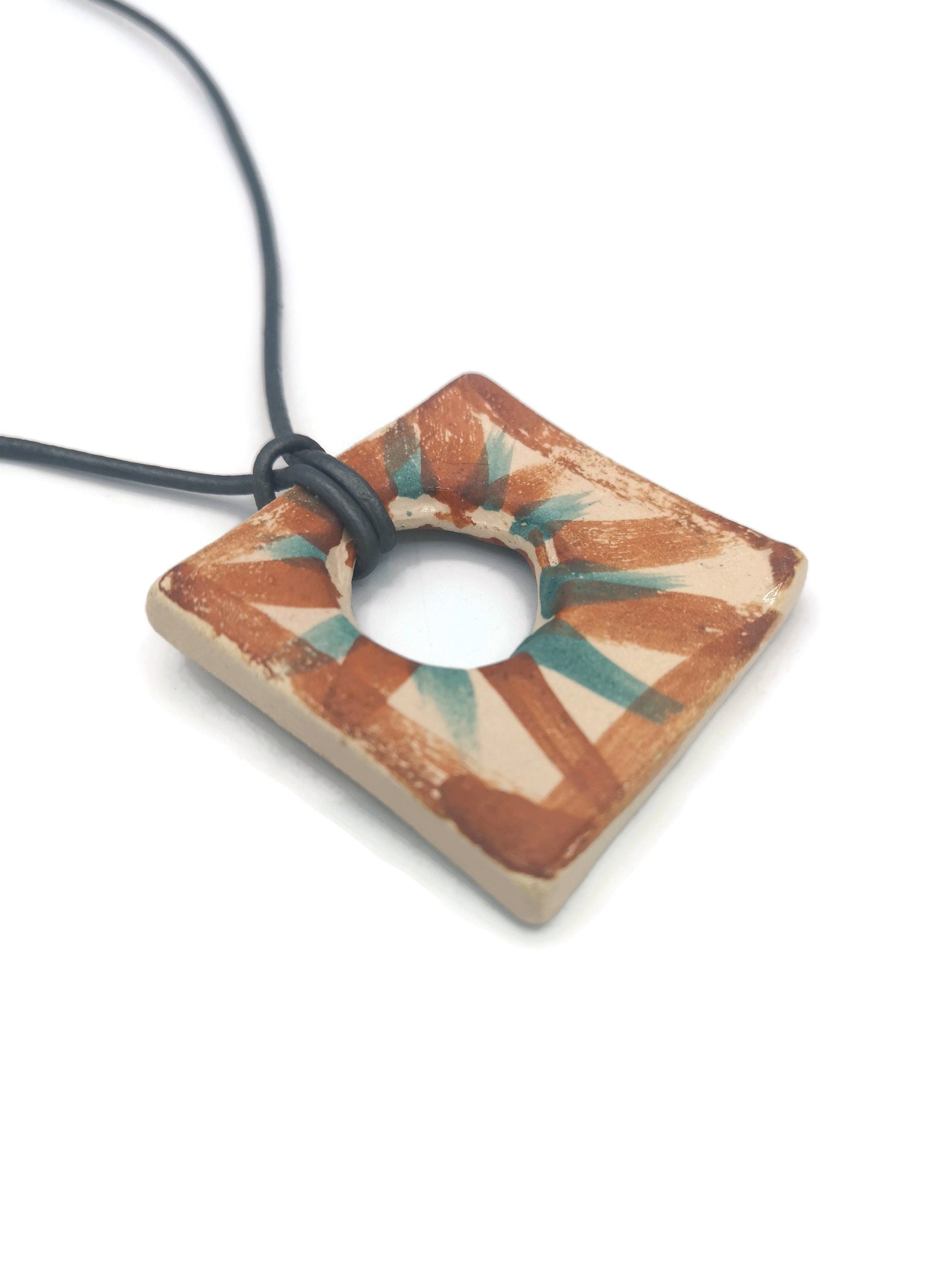 Clay Charms For Jewelry Making Pendant Necklace, Handmade Ceramic Jewelry Square Pendant, Geometric Large Clay Pendant - Ceramica Ana Rafael