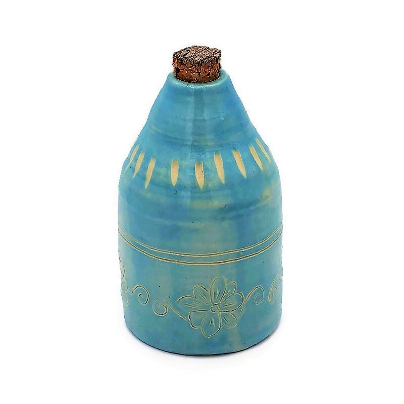 Handmade Ceramic Turquoise Blue Bottle With Natural Cork Stopper, Housewarming Gift First Home, Decorative Mothers Day Gift For Grandma - Ceramica Ana Rafael