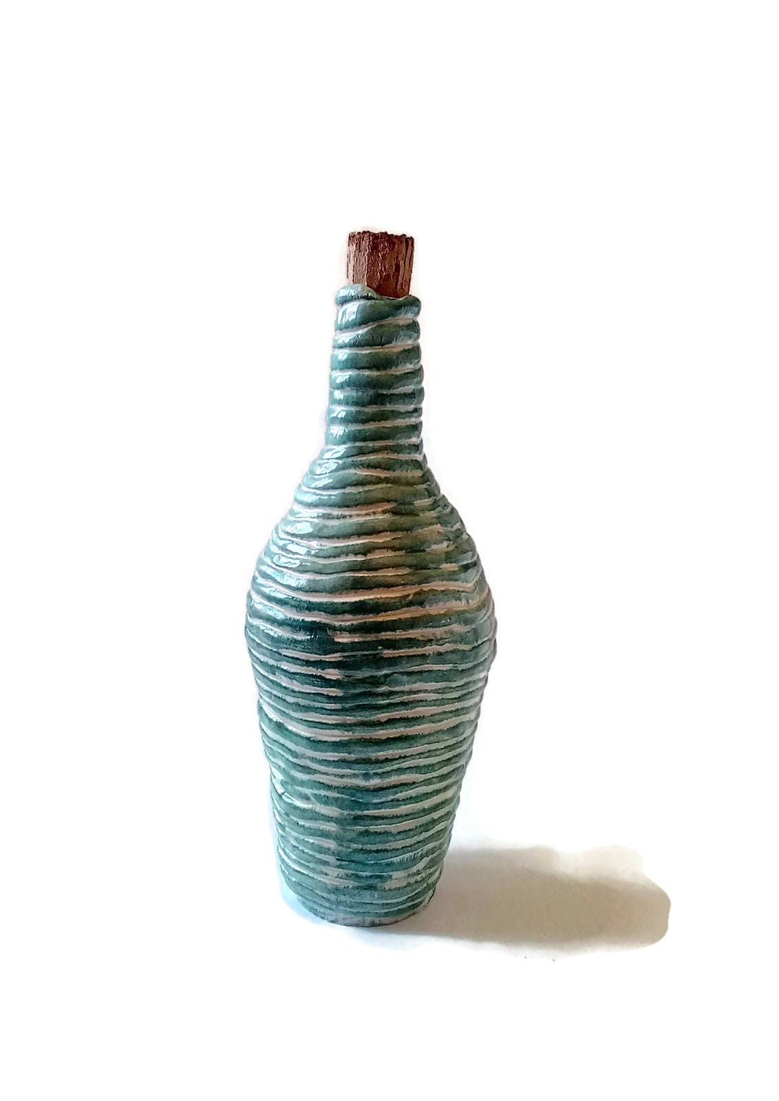 Handmade Ceramic Decorative Bottle With Cork Stopper, Housewarming Gift First Home, Green Irregular Shaped Vase Textured - Ceramica Ana Rafael