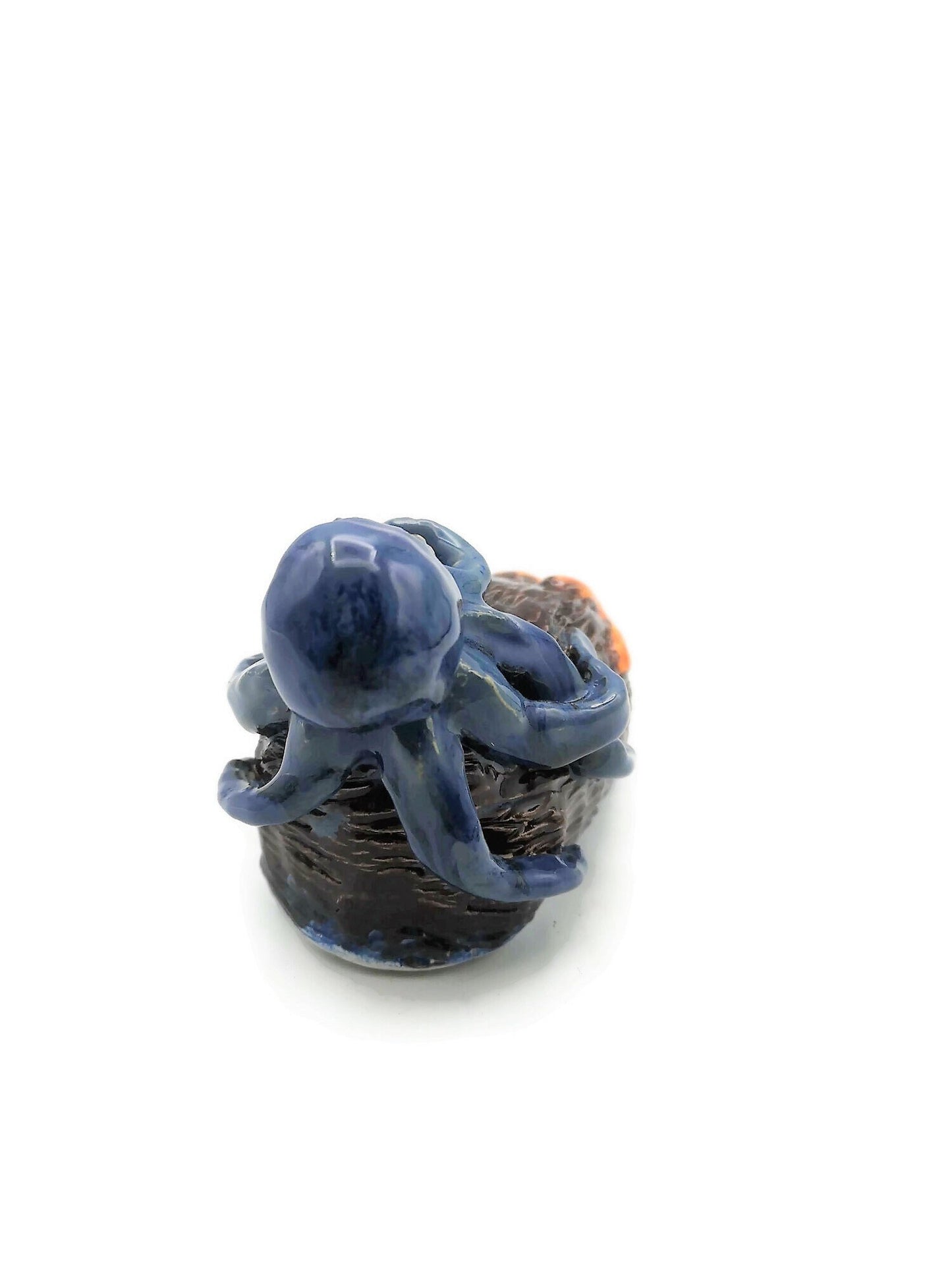 Handmade Blue Ceramic Octopus And Orange Starfish Sculpture, Modern Contemporary Coastal Home Decor For Table or Shelf - Ceramica Ana Rafael