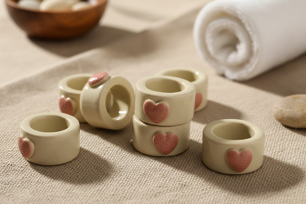 8 Handmade Ceramic Tube Beads – Large Hole Macrame Beads with Heart Design