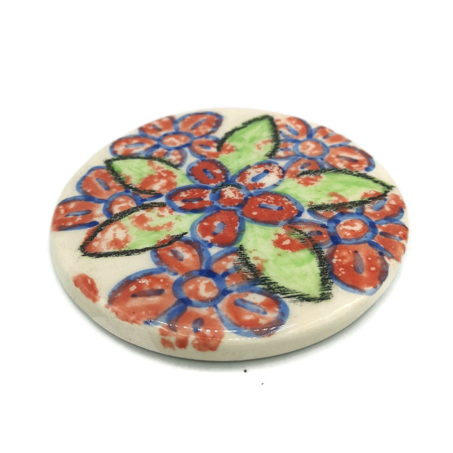 1Pc Handpainted Floral Large Handmade Ceramic Coaster Tile, Office Desk Accessories for Women, Cork Backing Round Artisan Botanical Coaster