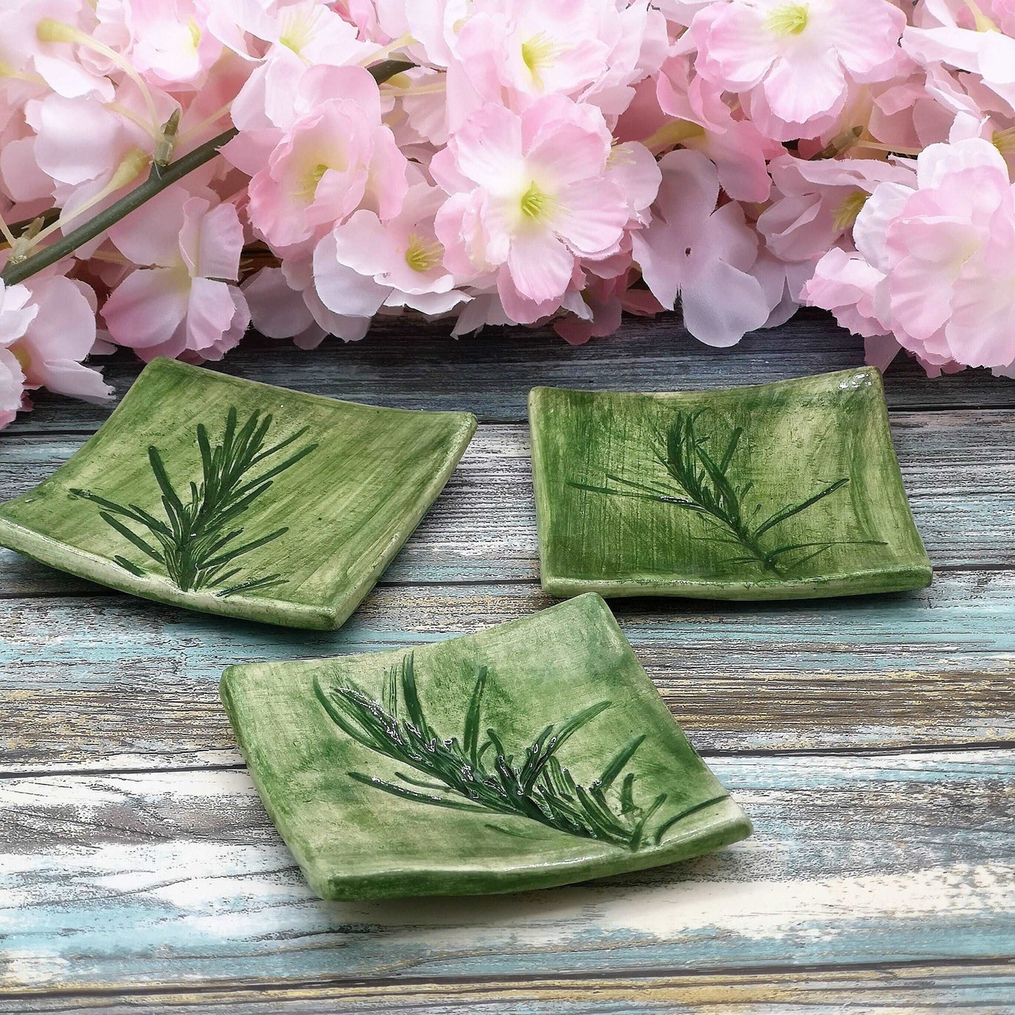 1Pc Clay Ring Dish, Plant Lovers Birthday Gifts, square ceramic trinket dish, 9th-anniversary gift, Sage Flower or Rosemary Leaves Design