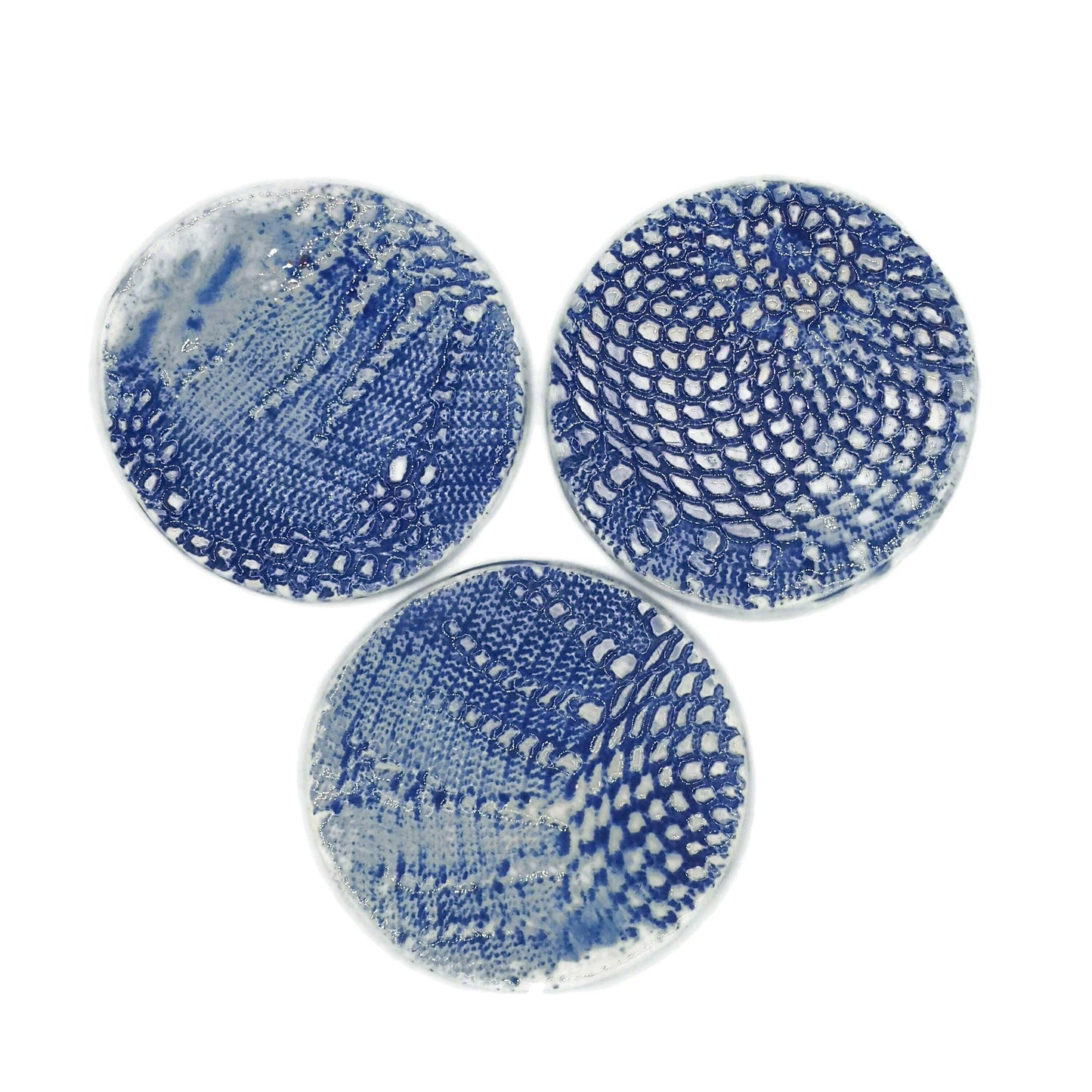 3Pc 11cm/4,3in Blue Handmade Ceramic Coasters With Lace Texture And Cork Back, Assorted Round Shape Trivet, Office Desk Accessories For Him - Ceramica Ana Rafael