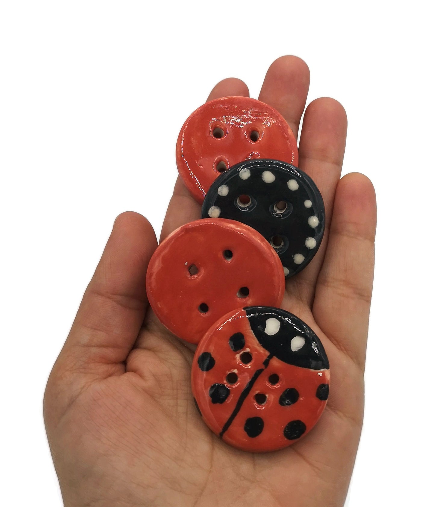 Decorative Buttons Handmade Ceramics, Set Of 4 Round Shape Red Ladybug Buttons Cute, Best Sellers 2022 Extra Large Buttons, Big Buttons - Ceramica Ana Rafael