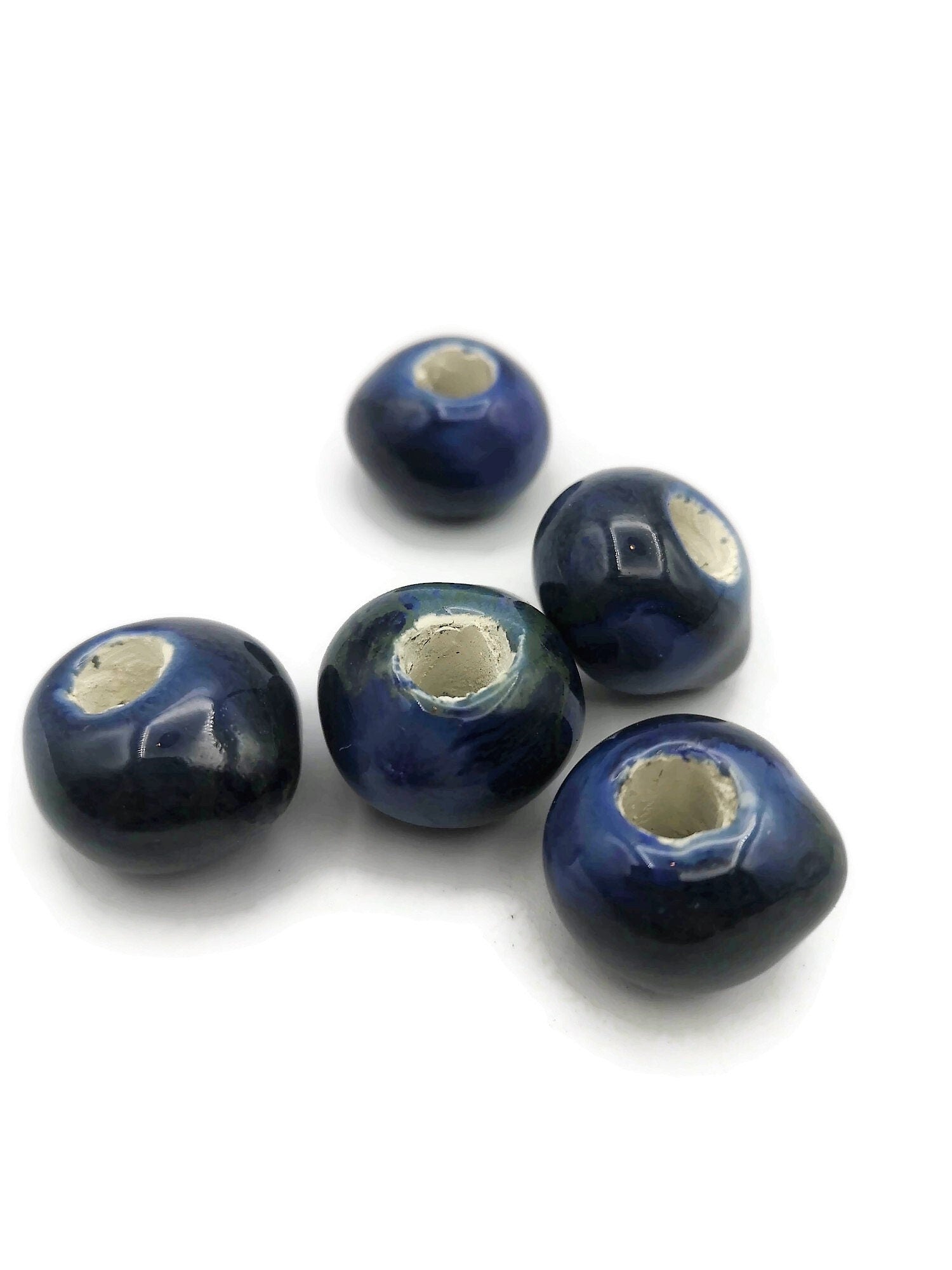 5Pc Speckled Blue Ceramic Macrame Beads, Large Hole Artisan Round Clay Beads, Handmade Unique Jewelry Making Supplies, Focal Point Beads - Ceramica Ana Rafael