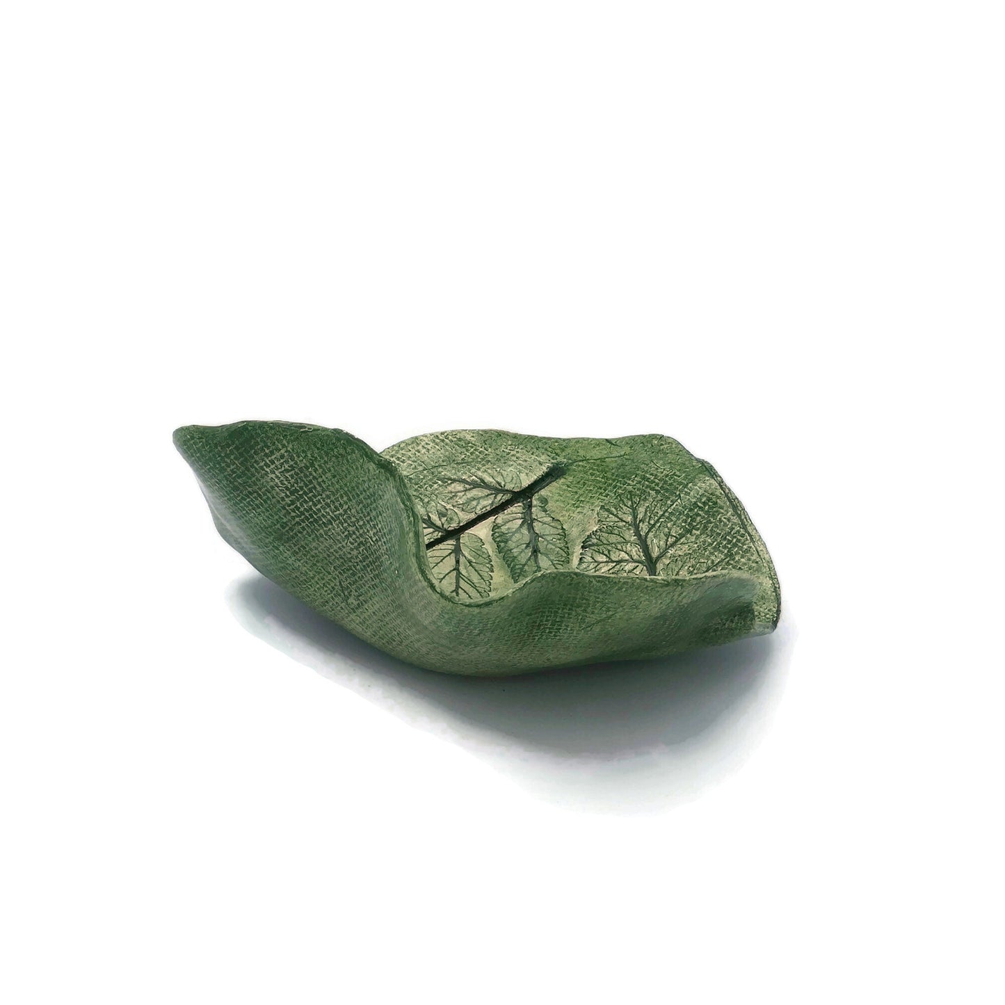 Handmade Ceramic Bowl Irregular Ring Holder, Green Engraved Leaves Organic Portuguese Pottery For Home Decor, Small Unique Decorative Tray - Ceramica Ana Rafael