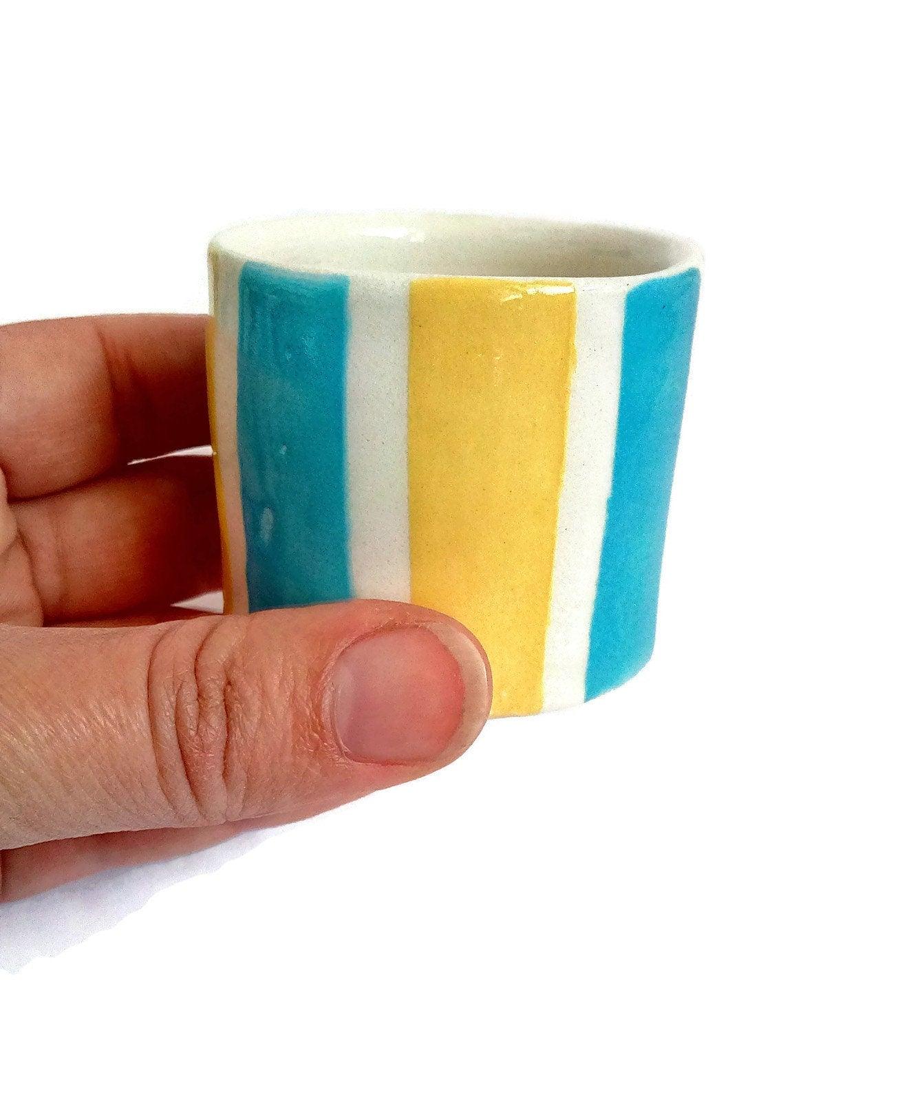 1Pc Handmade Ceramic Espresso Cup, Best Coffee Lovers Gifts For Him, Small Pottery Mug, Striped Blue And Yellow Shot Glass For Men - Ceramica Ana Rafael