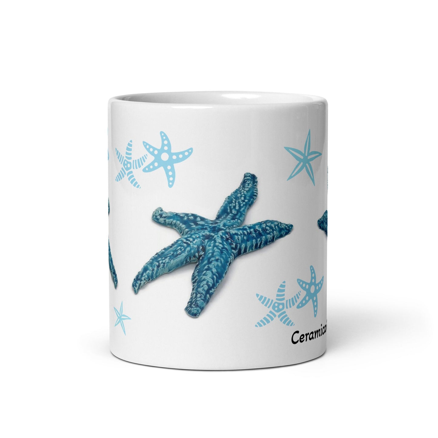 Taza de cerámica hecha a mano azul con decoración de estrella de mar, taza de café grande de 11 oz, los mejores regalos de cumpleaños tropicales para los amantes del mar