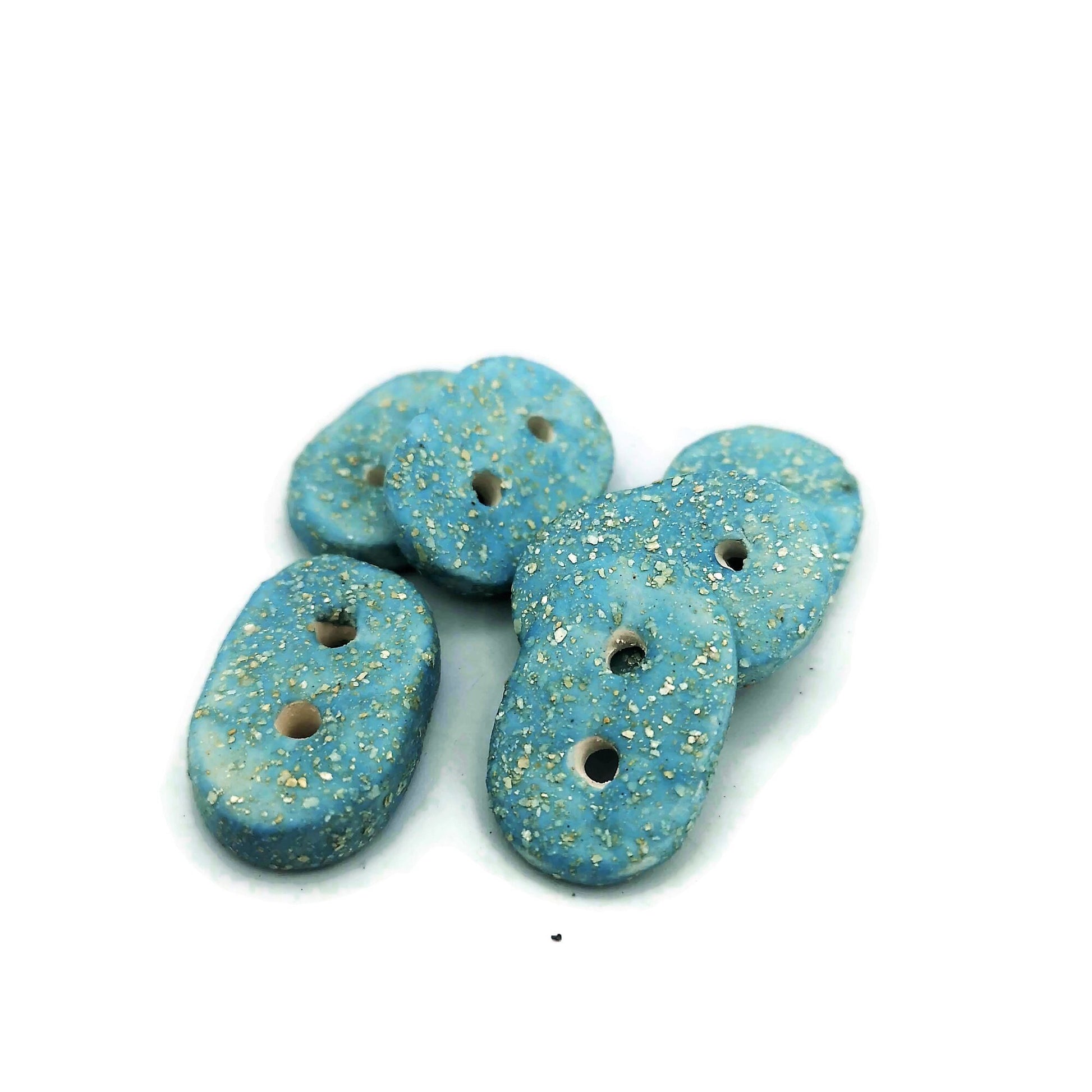 6Pc Handmade Ceramic Oval Sewing Button For Clothing, 3 cm 2 Hole Sparkly Turquoise Blue Decorative Knitting Button, Lightweight and Smooth - Ceramica Ana Rafael