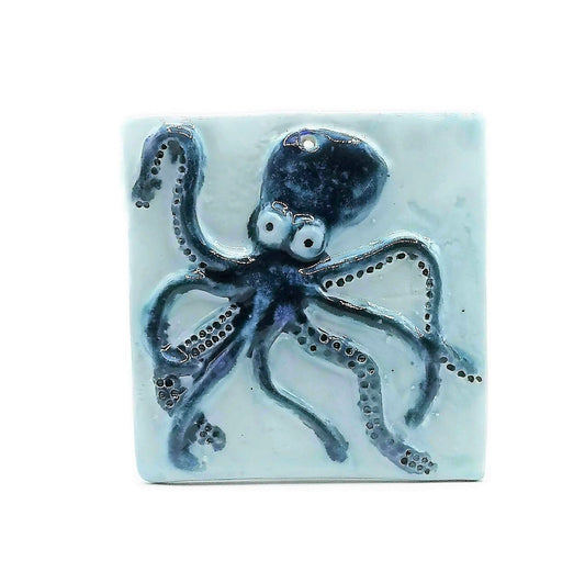 Handmade Ceramic Octopus Tile With Hole To Hang, Blue Octopus Wall Decor, Beach Lover Gift for Women - Ceramica Ana Rafael