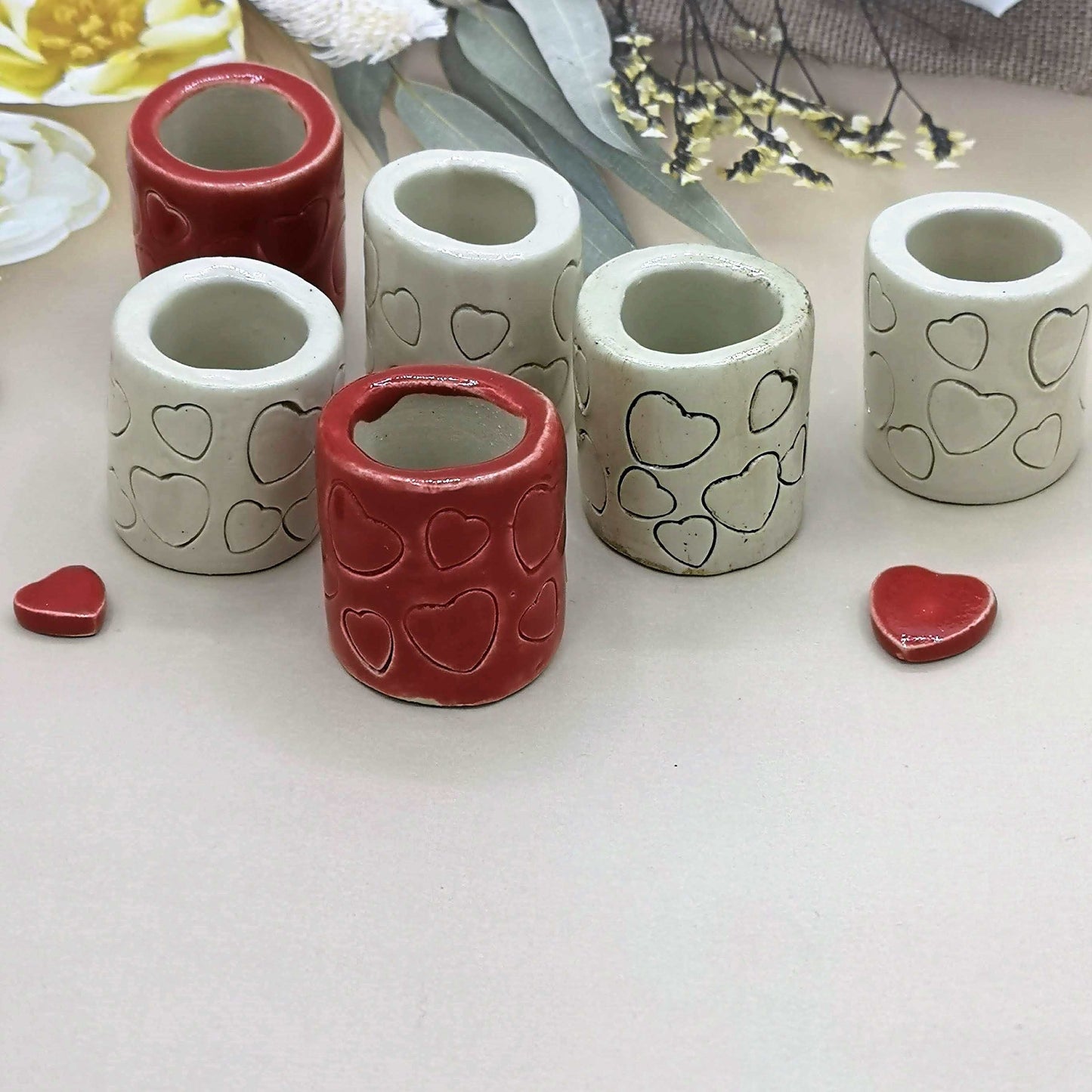 CERAMIC TUBE BEADS For Macrame, 1Pc 35mm Long Large Hole Beads With Heart Design For Valentines Day Decor - Ceramica Ana Rafael