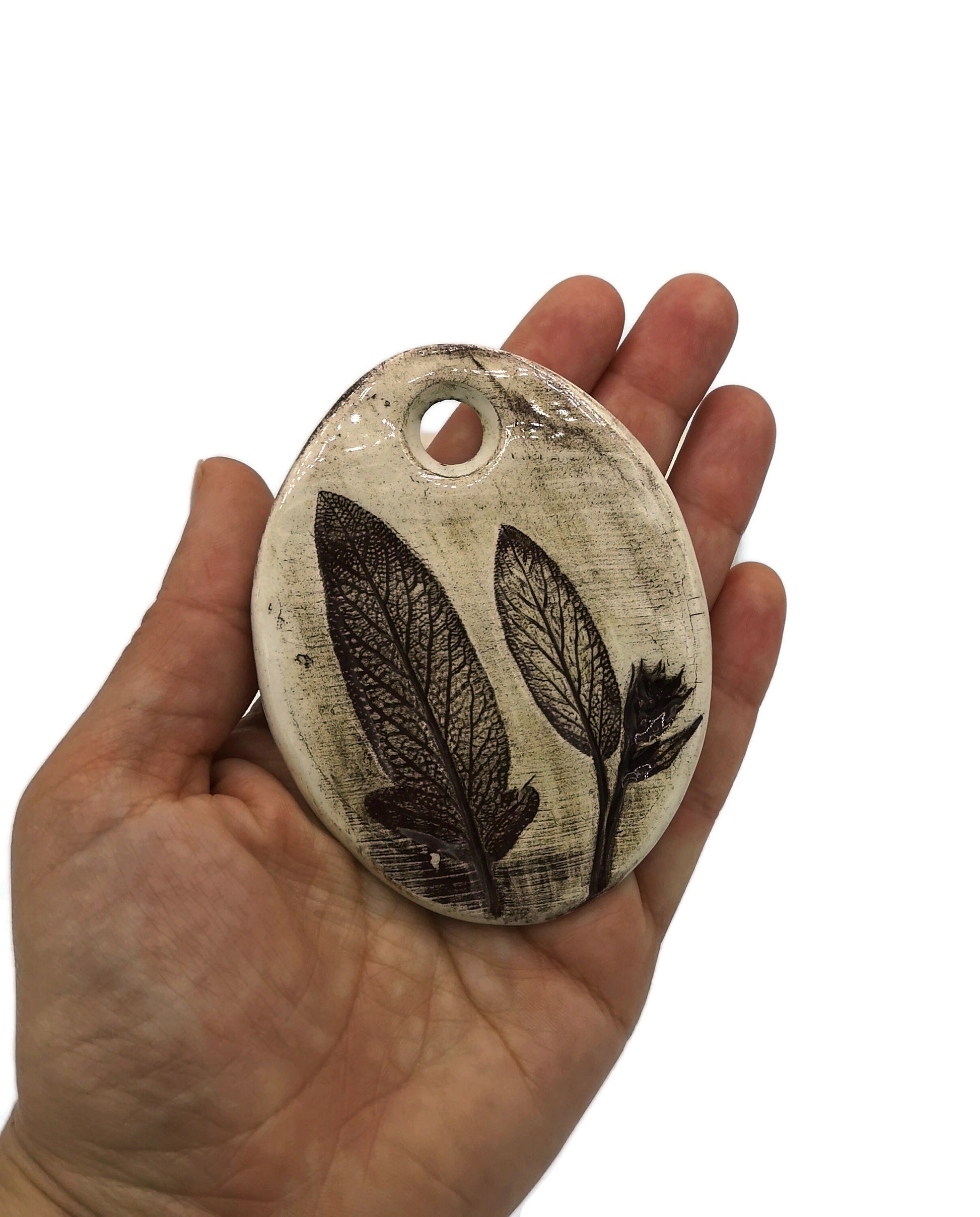 Extra Large Handmade Ceramic Engraved Leaf Pendant For Statement Jewelry Making, Rustic Craft Components, Unique Jewelry Clay Charms - Ceramica Ana Rafael