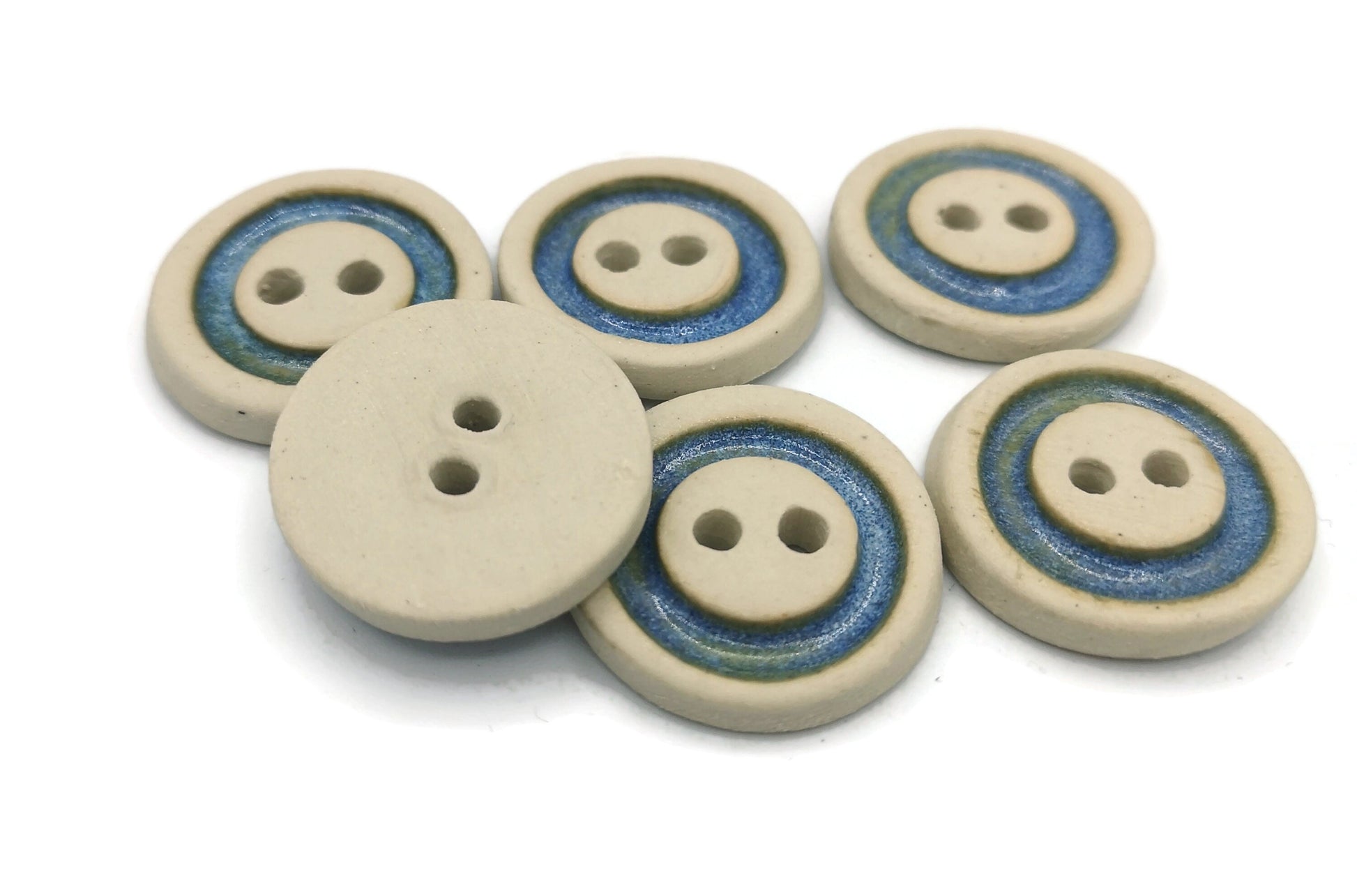 6Pc 25mm/1in Handmade Ceramic Sewing Buttons, Matte Beige With Glossy Blue Accent, Novelty Clay Buttons For Crafts, Unique Pottery Buttons - Ceramica Ana Rafael