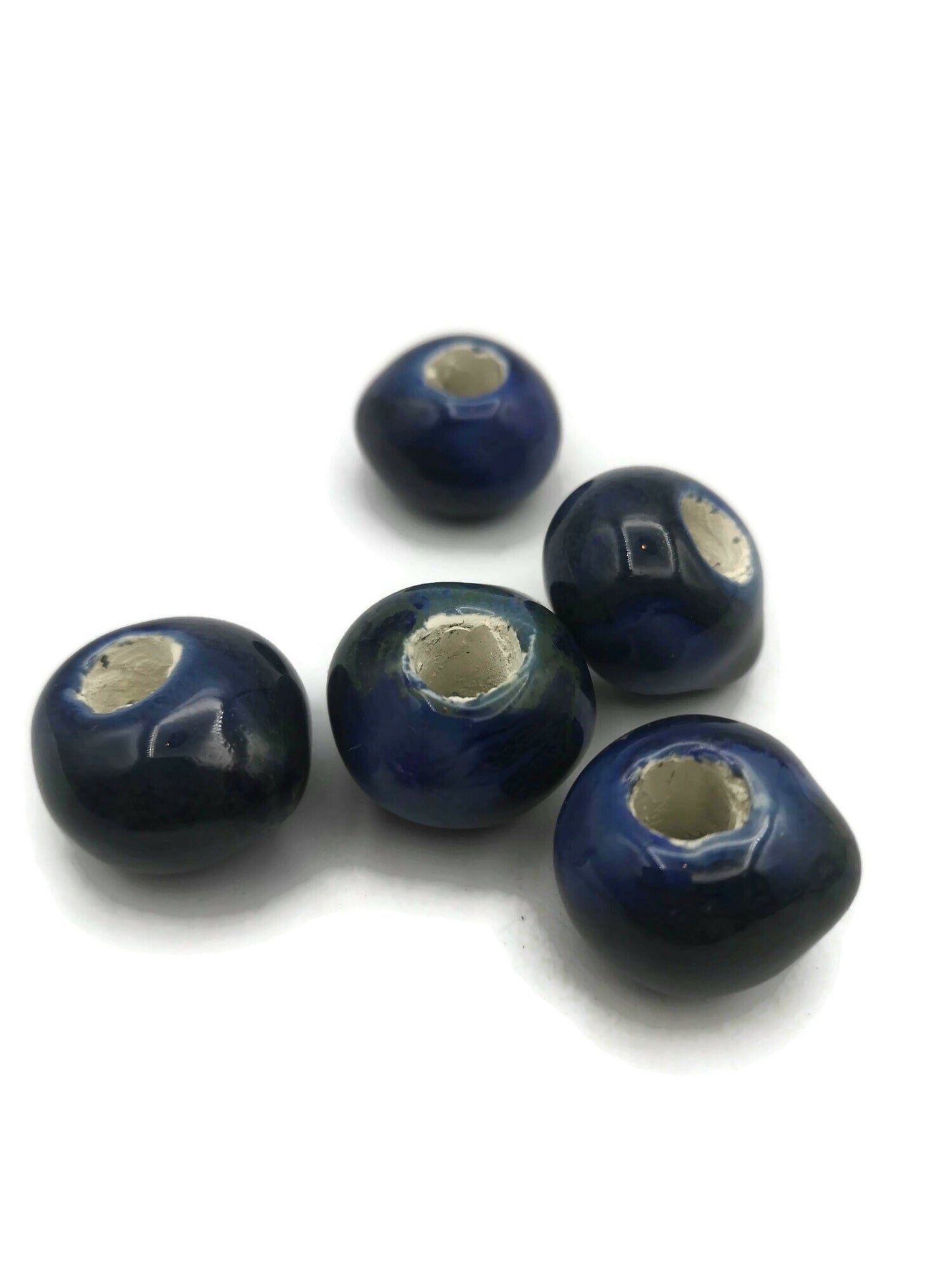 5Pc Speckled Blue Ceramic Macrame Beads, Large Hole Artisan Round Clay Beads, Handmade Unique Jewelry Making Supplies, Focal Point Beads - Ceramica Ana Rafael