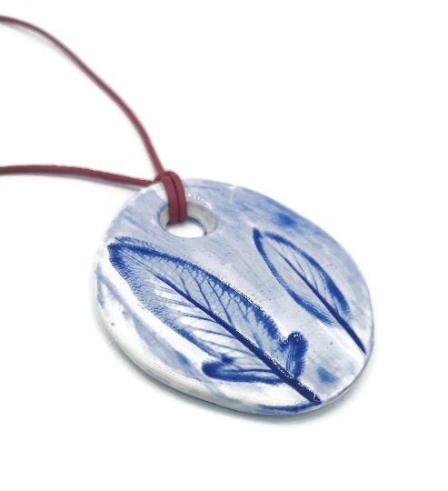 Extra Large Necklace Pendant For Statement Jewelry Making, Blue Handmade Ceramic Leaf Design Charm For Women, Unique Clay Charms - Ceramica Ana Rafael