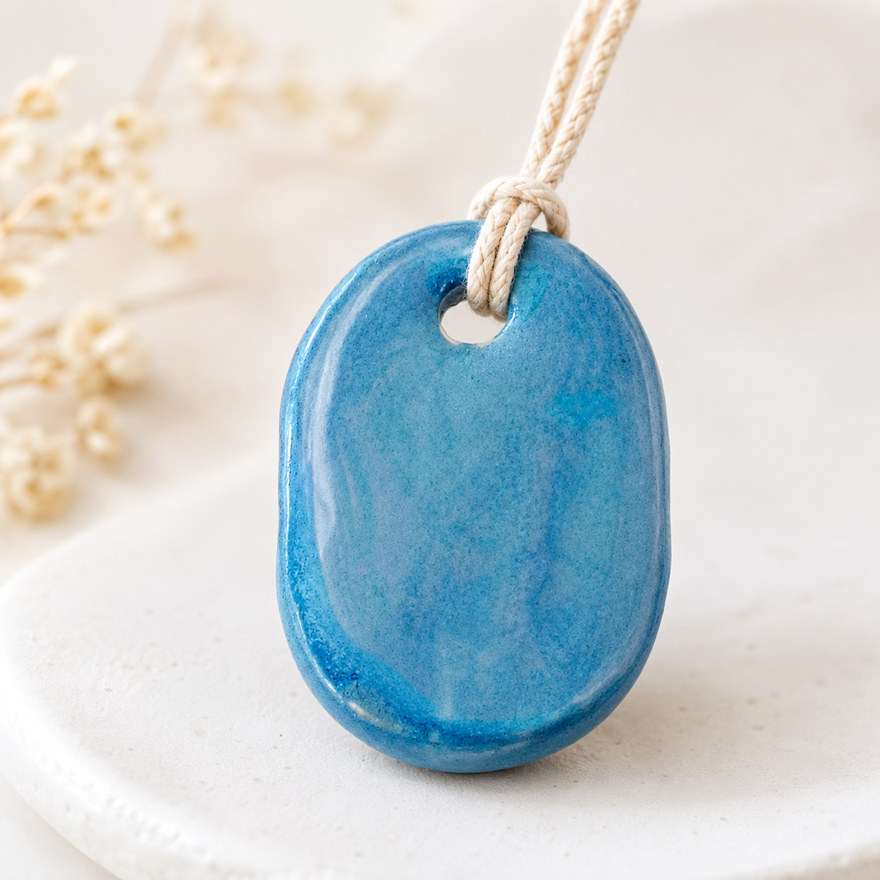 Small Blue Ceramic Pendant – Handmade Oval Jewelry Charm