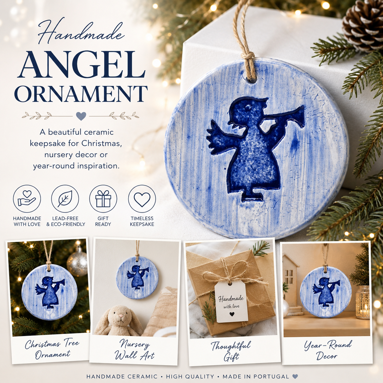 Blue Ceramic Angel Ornament – Handmade Guardian Angel Wall Hanging